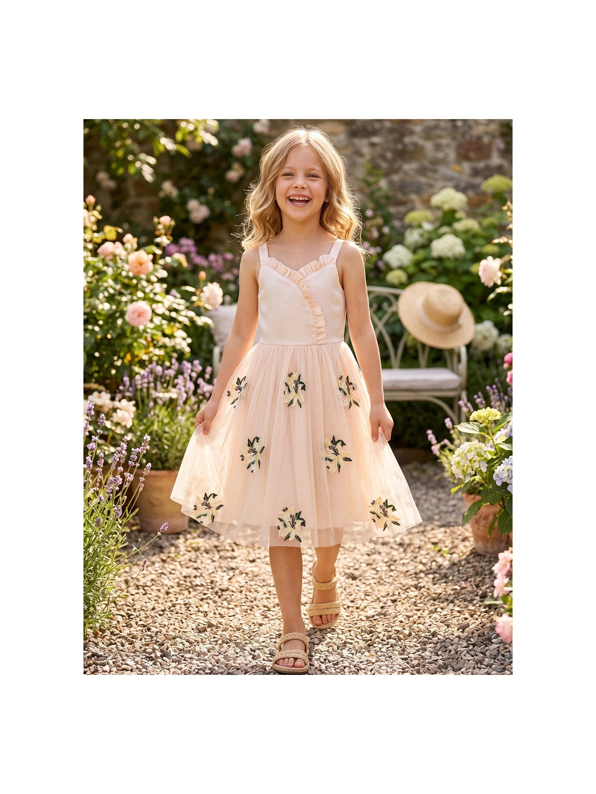 Girls Dress Purple Floral Sleeveless 3D Flower Rhinestone Summer Party Outdoor Dresses Beige Floral