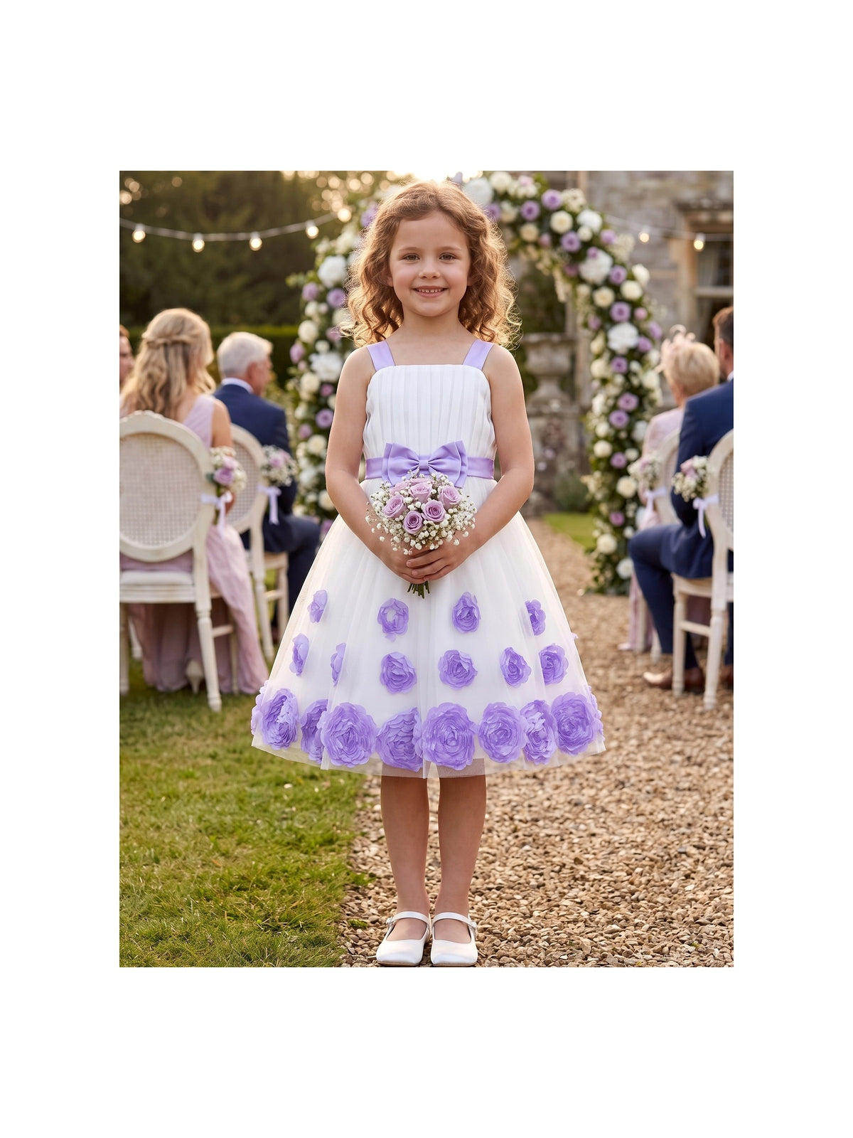 Girls Dress Purple Floral Sleeveless 3D Flower Rhinestone Summer Party Outdoor Dresses White Purple Floral