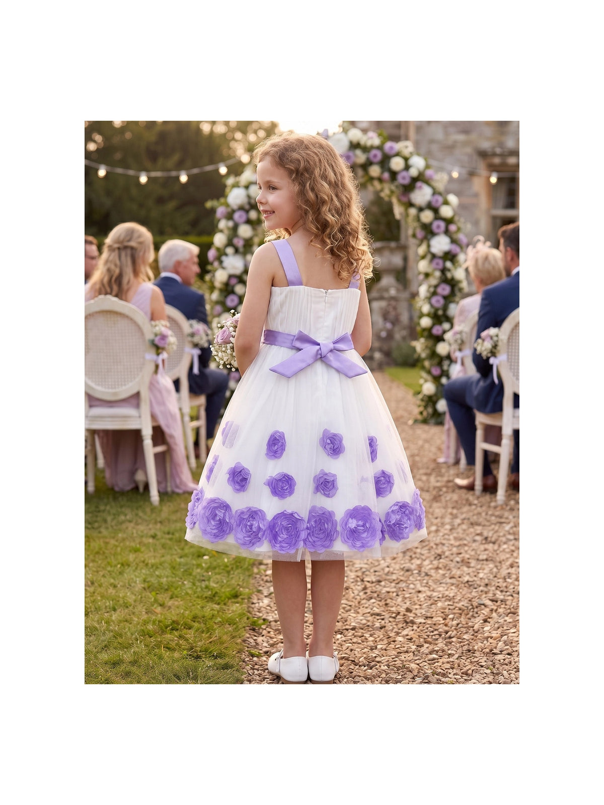 Girls Dress Purple Floral Sleeveless 3D Flower Rhinestone Summer Party Outdoor Dresses White Purple Floral