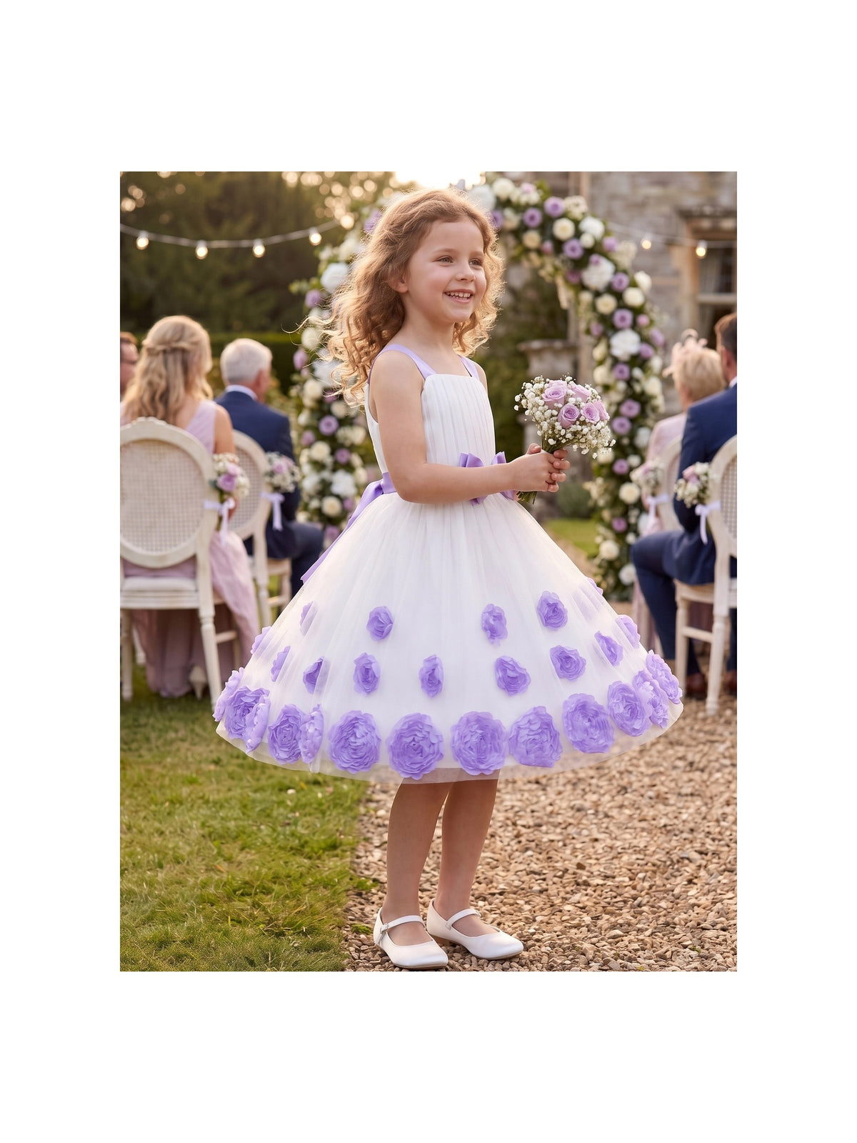 Girls Dress Purple Floral Sleeveless 3D Flower Rhinestone Summer Party Outdoor Dresses White Purple Floral