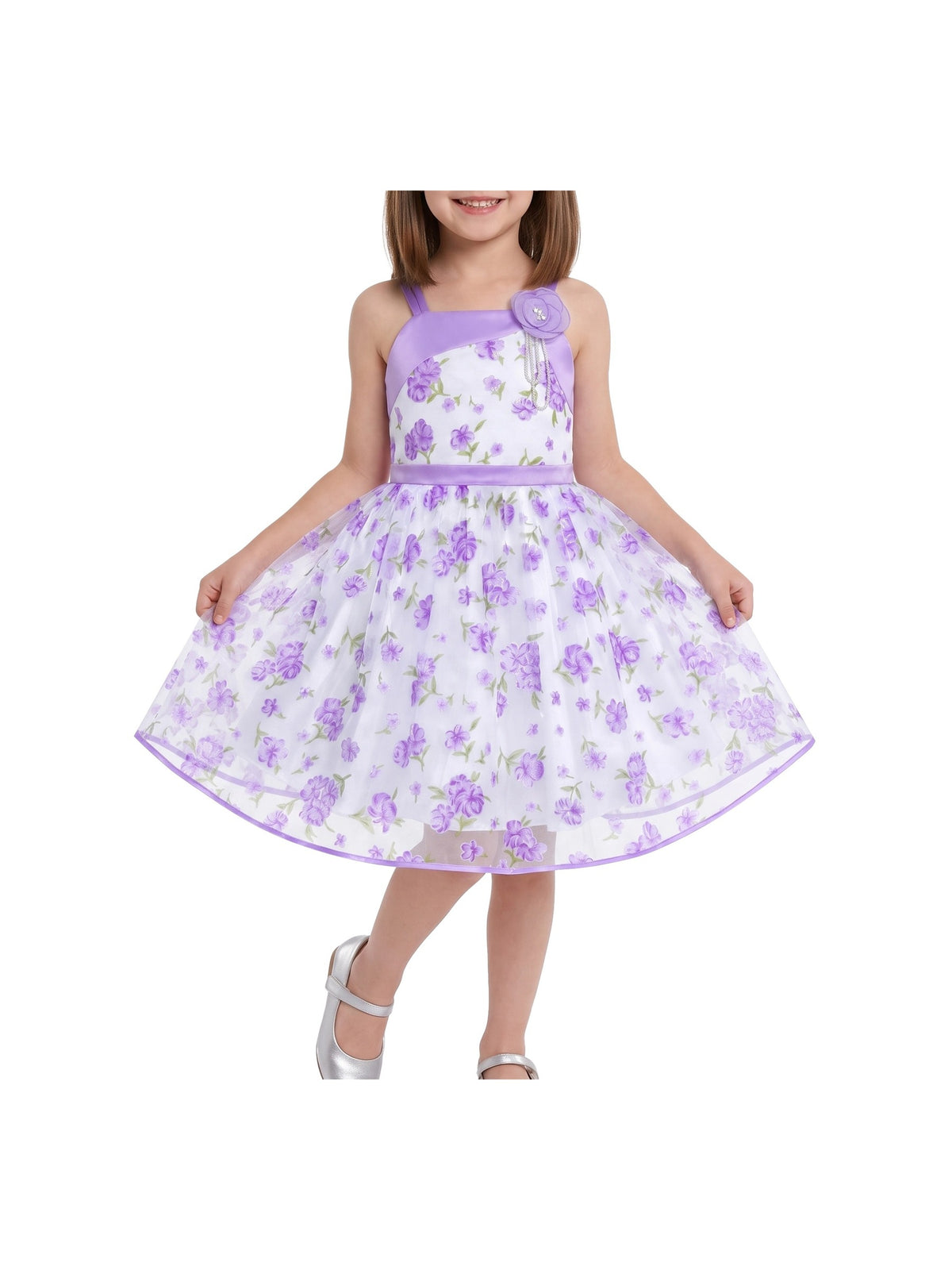 Girls Dress Purple Floral Sleeveless 3D Flower Rhinestone Summer Party Outdoor Dresses Purple Floral