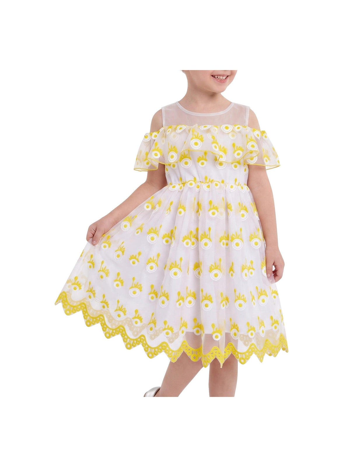 Girls Dress Cold Shoulder Sleeveless Lace Flower Ruffle Yellow Embroidery