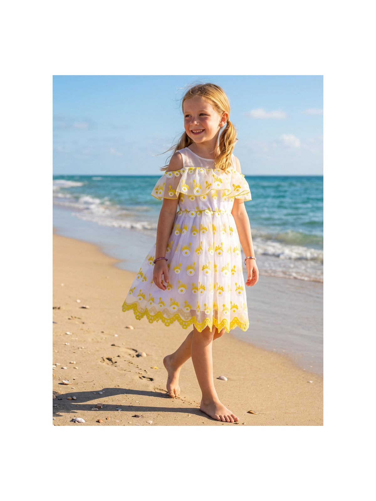 Girls Dress Cold Shoulder Sleeveless Lace Flower Ruffle Yellow Embroidery