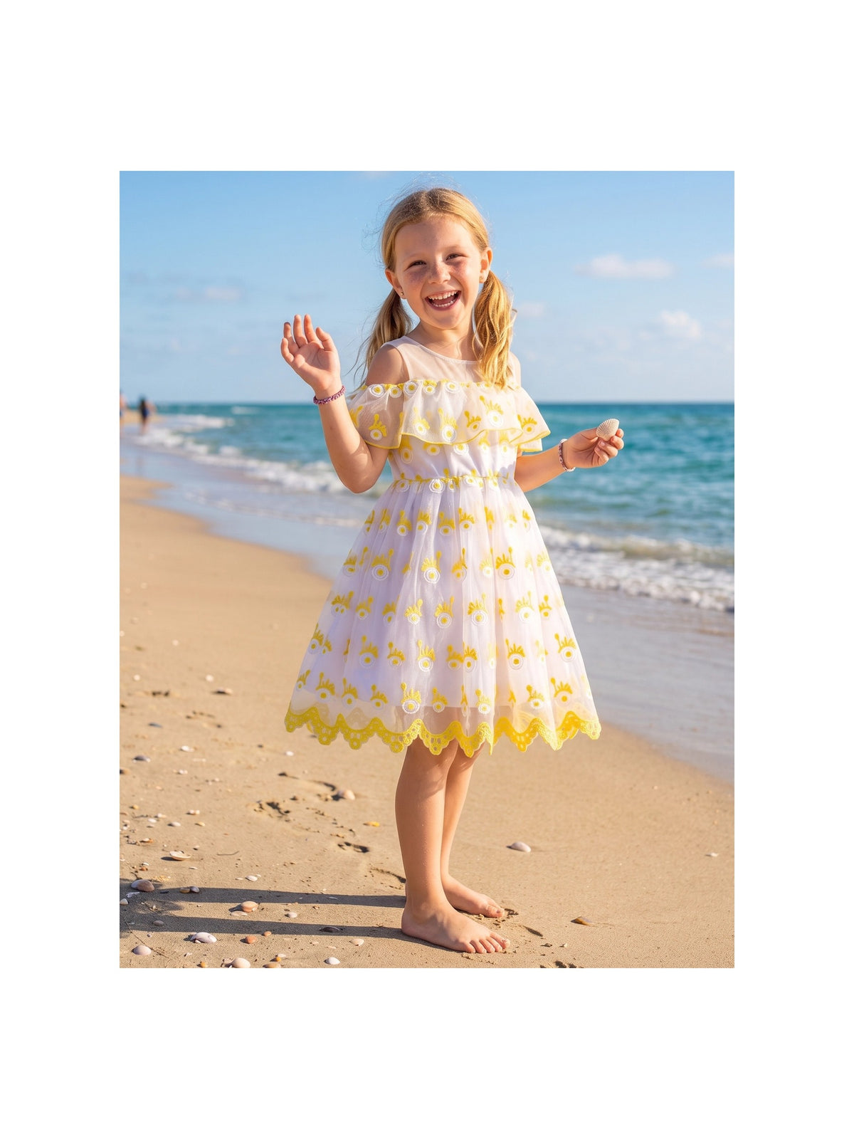 Girls Dress Cold Shoulder Sleeveless Lace Flower Ruffle Yellow Embroidery