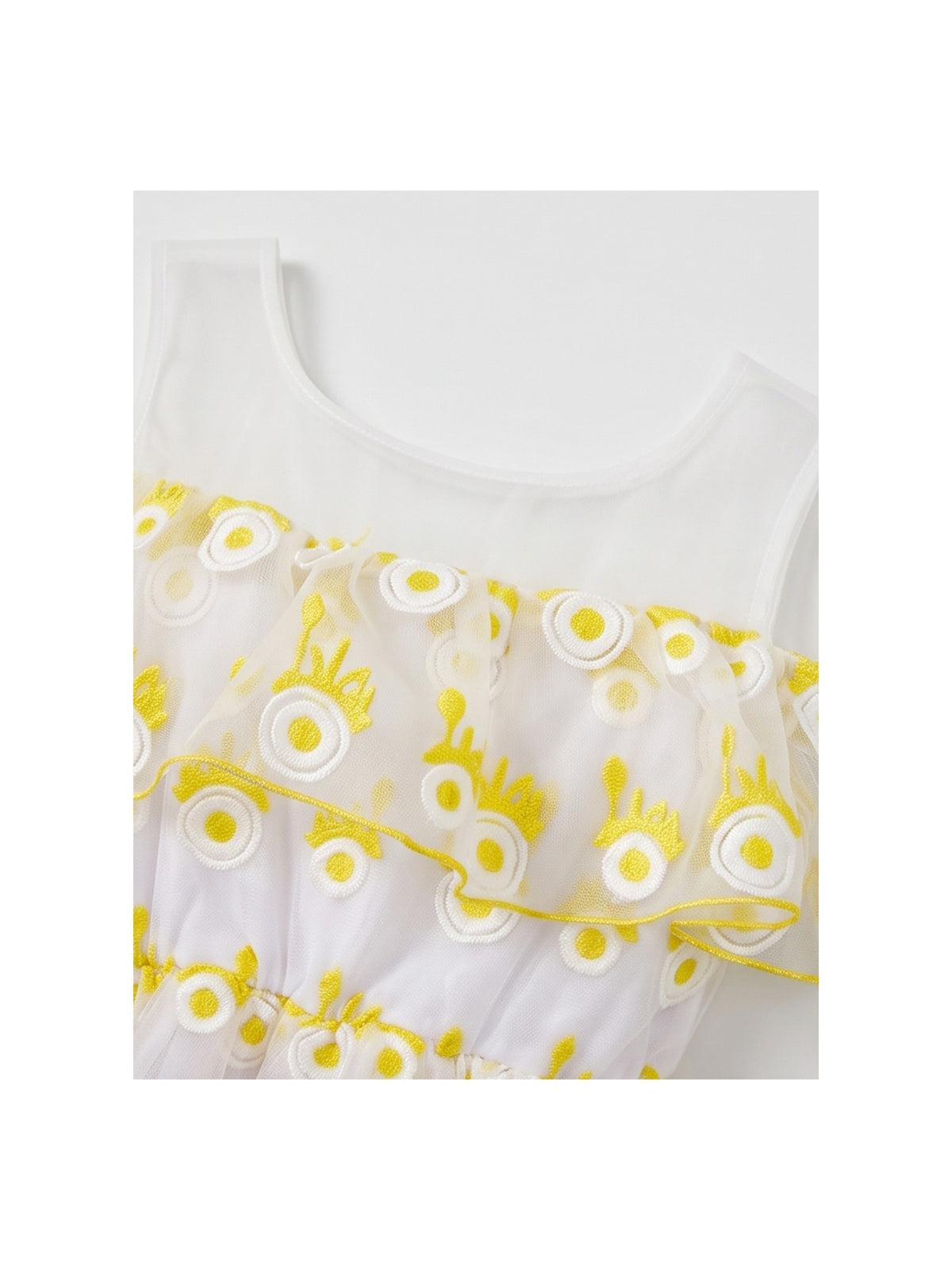 Girls Dress Cold Shoulder Sleeveless Lace Flower Ruffle Yellow Embroidery