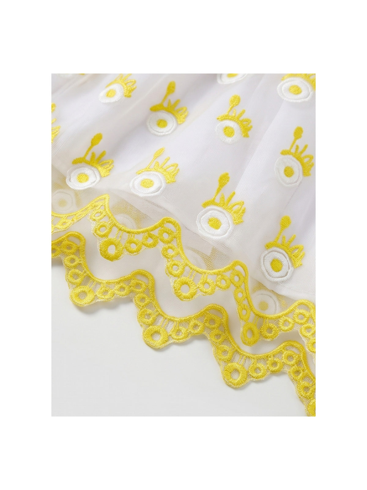 Girls Dress Cold Shoulder Sleeveless Lace Flower Ruffle Yellow Embroidery