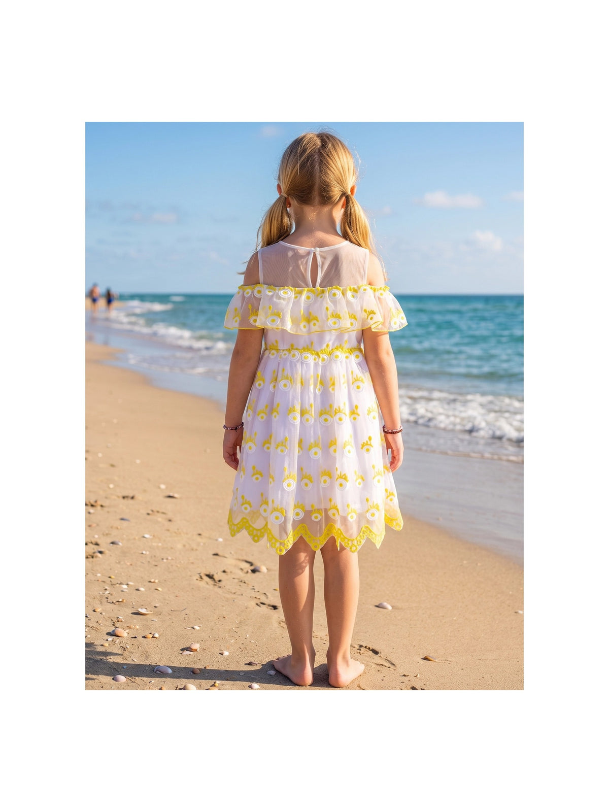 Girls Dress Cold Shoulder Sleeveless Lace Flower Ruffle Yellow Embroidery