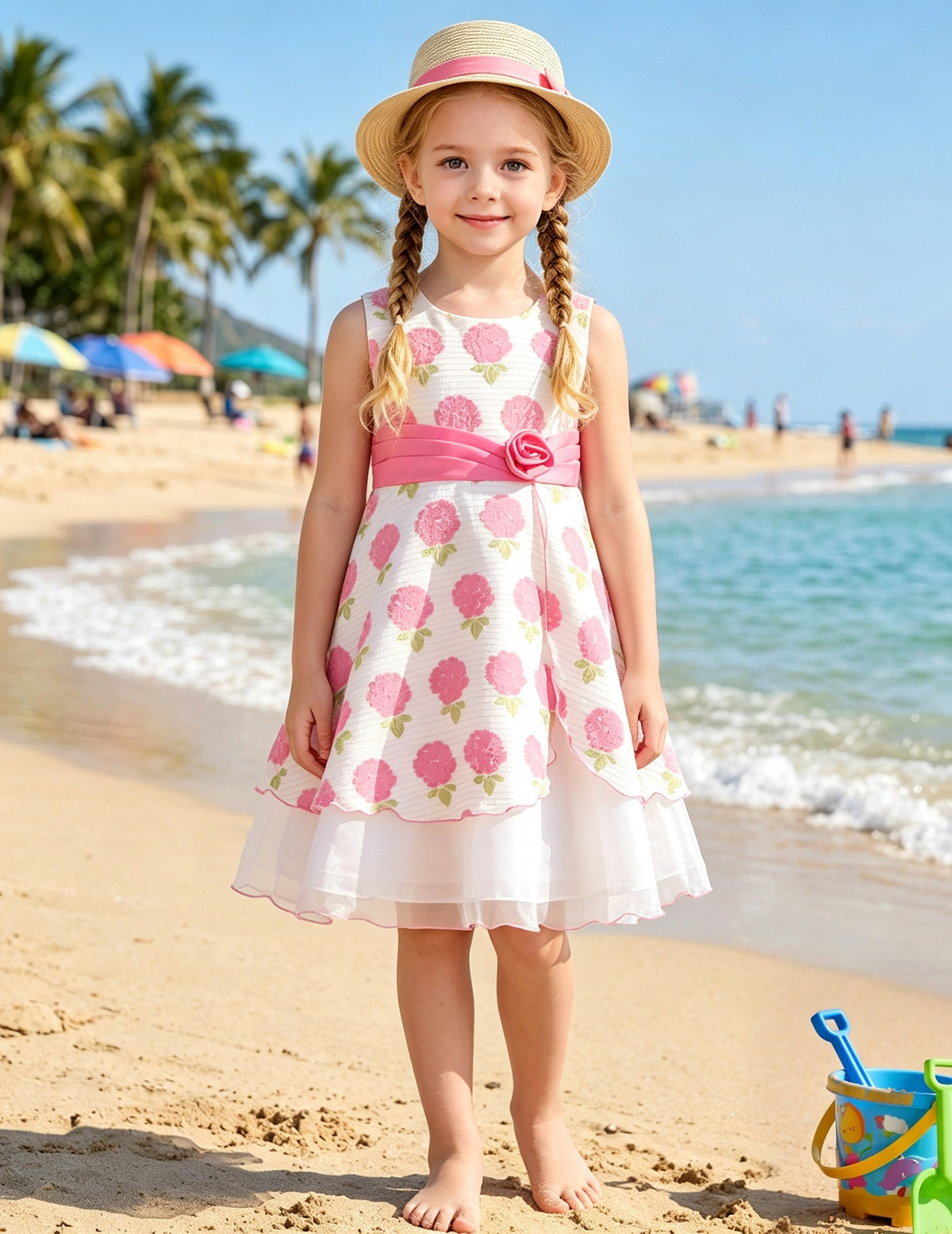 Girls Dress Black Polka Dot Classic Retro Elegant Event Show Sleeveless Tulle - Pink Floral
