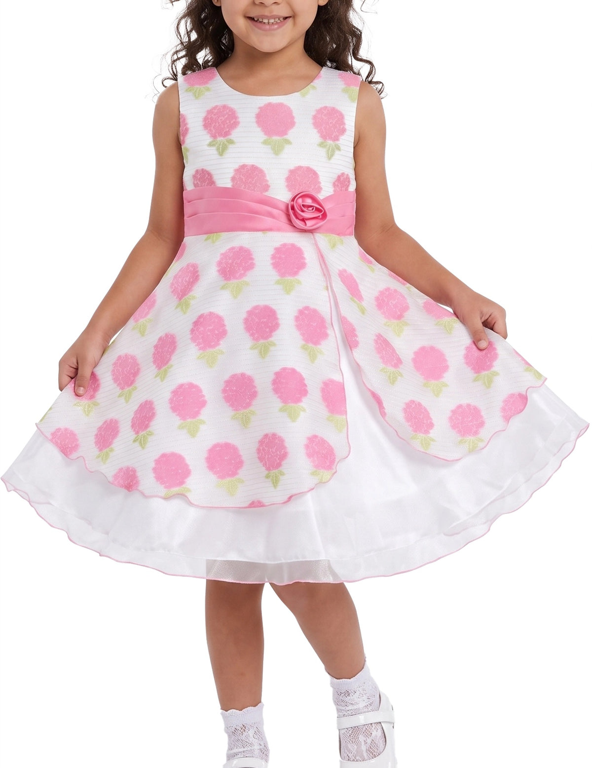 Girls Dress Black Polka Dot Classic Retro Elegant Event Show Sleeveless Tulle - Pink Floral