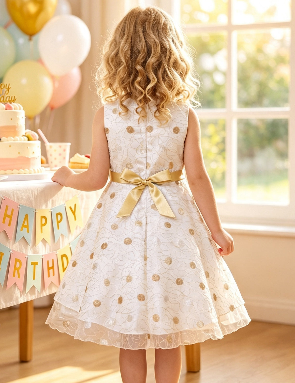 Girls Dress Black Polka Dot Classic Retro Elegant Event Show Sleeveless Tulle - Ivory Gold