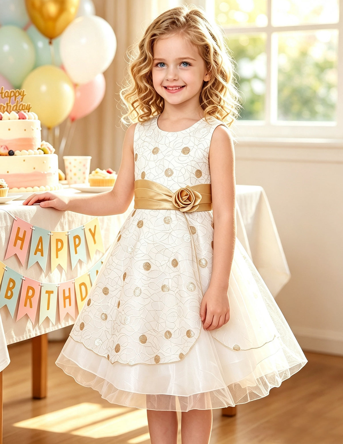 Girls Dress Black Polka Dot Classic Retro Elegant Event Show Sleeveless Tulle - Ivory Gold