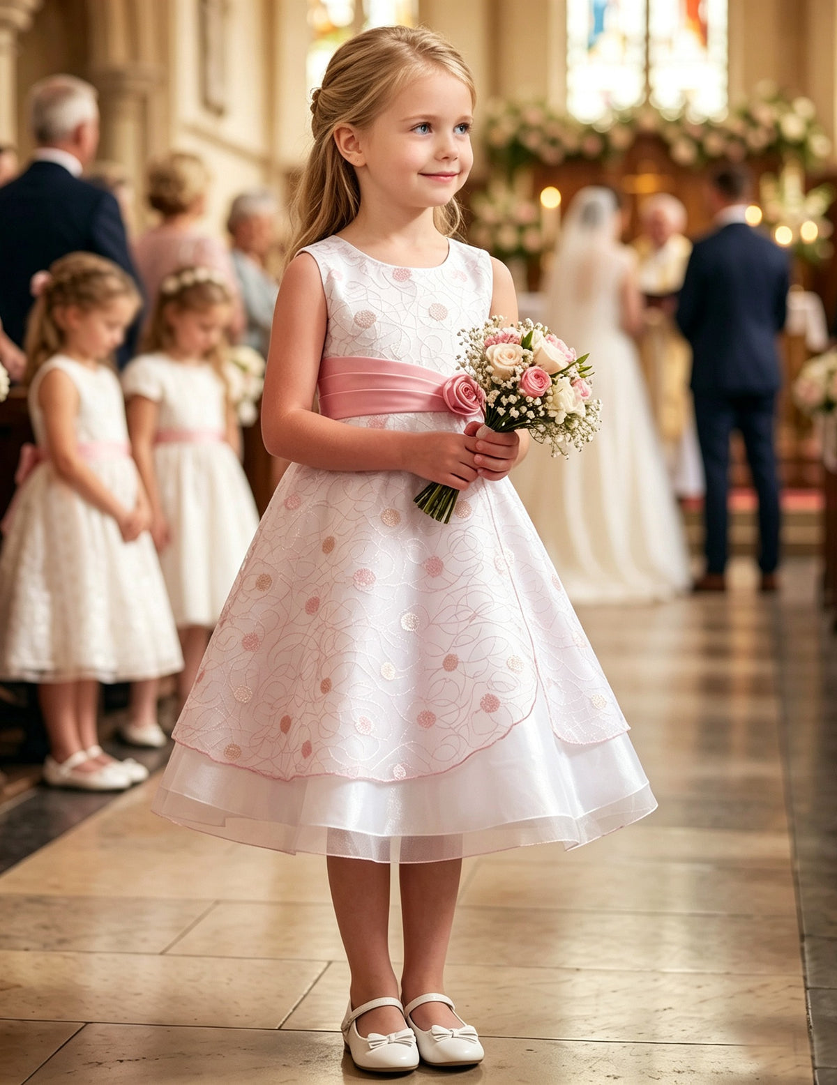 Girls Dress Black Polka Dot Classic Retro Elegant Event Show Sleeveless Tulle - White Pink Embroidery