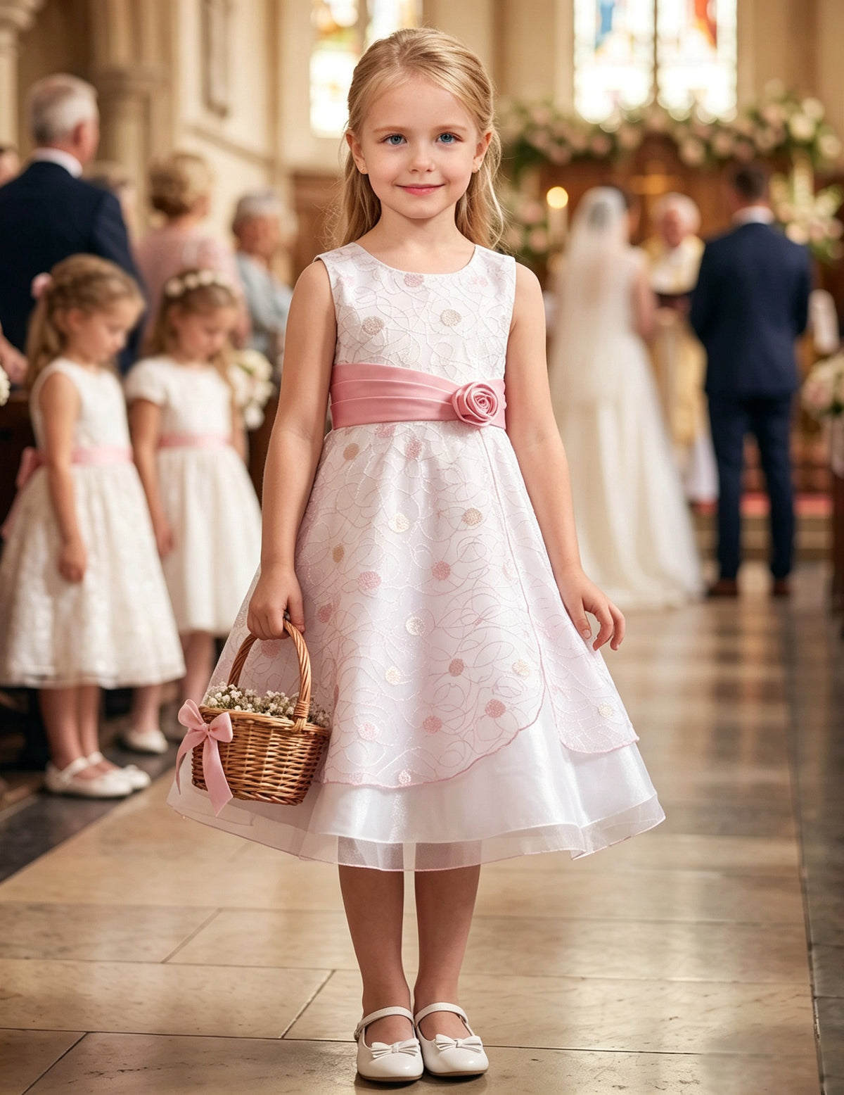 Girls Dress Black Polka Dot Classic Retro Elegant Event Show Sleeveless Tulle - White Pink Embroidery