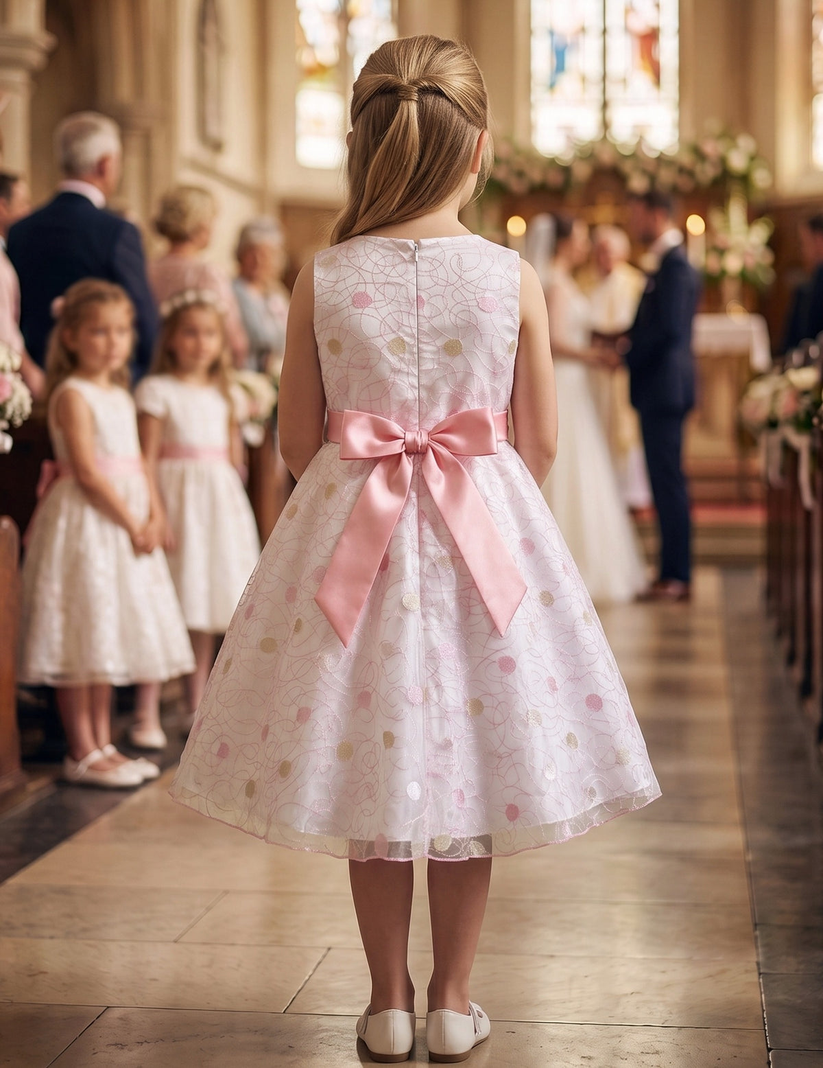 Girls Dress Black Polka Dot Classic Retro Elegant Event Show Sleeveless Tulle - White Pink Embroidery