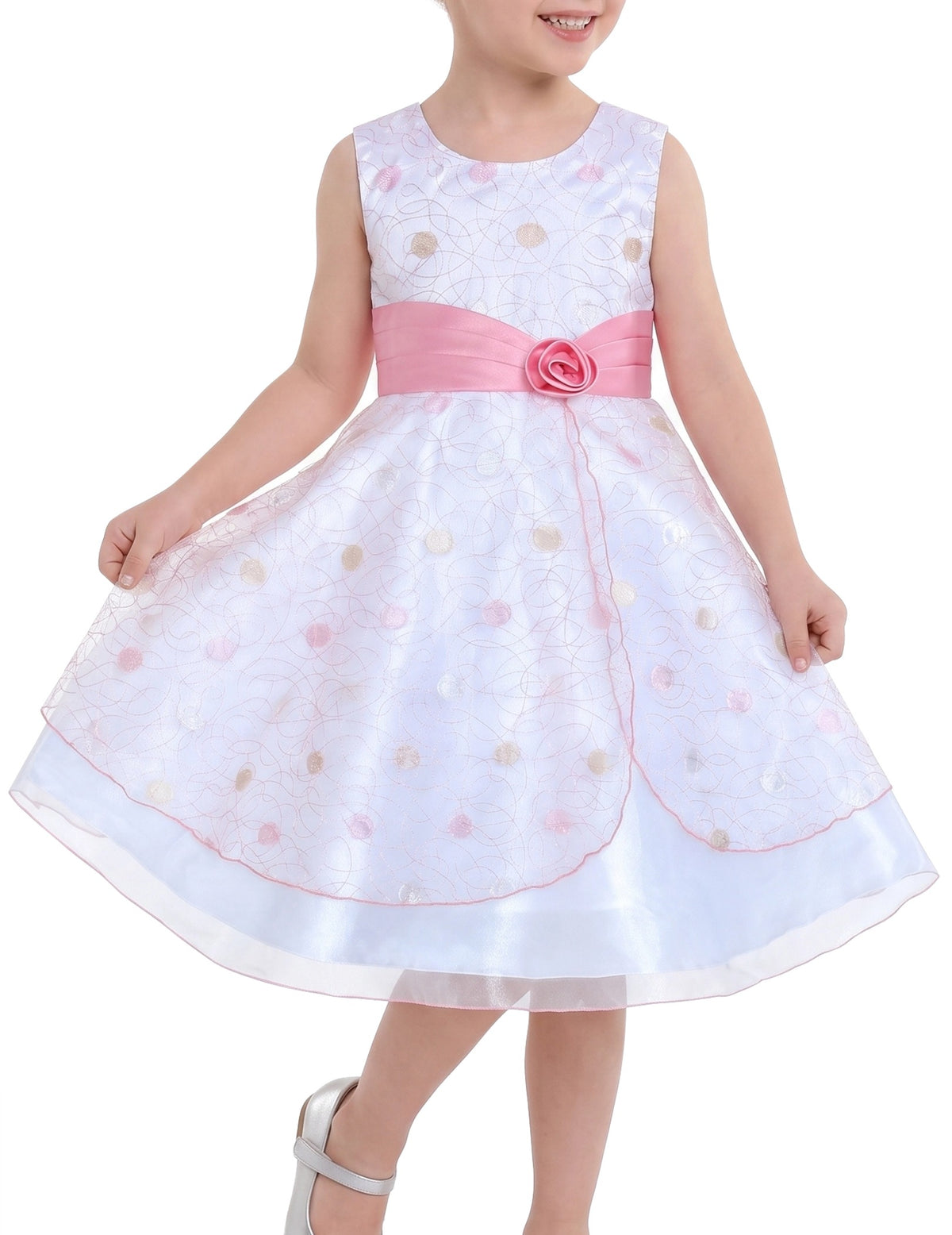 Girls Dress Black Polka Dot Classic Retro Elegant Event Show Sleeveless Tulle - White Pink Embroidery