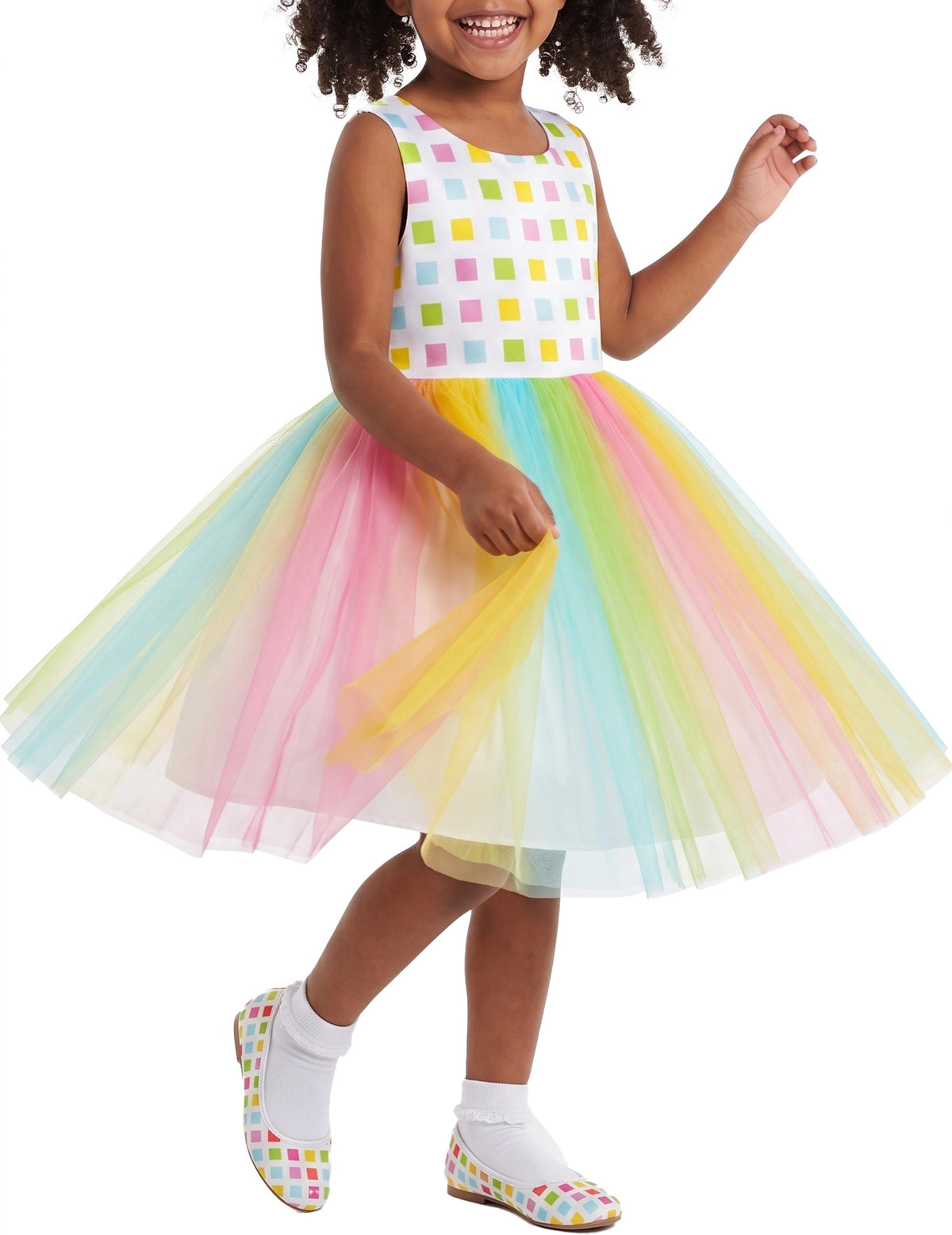 Girls Dress Cartoon Girl Pattern Tulle Overlay Party Pageant - Rainbow Tulle