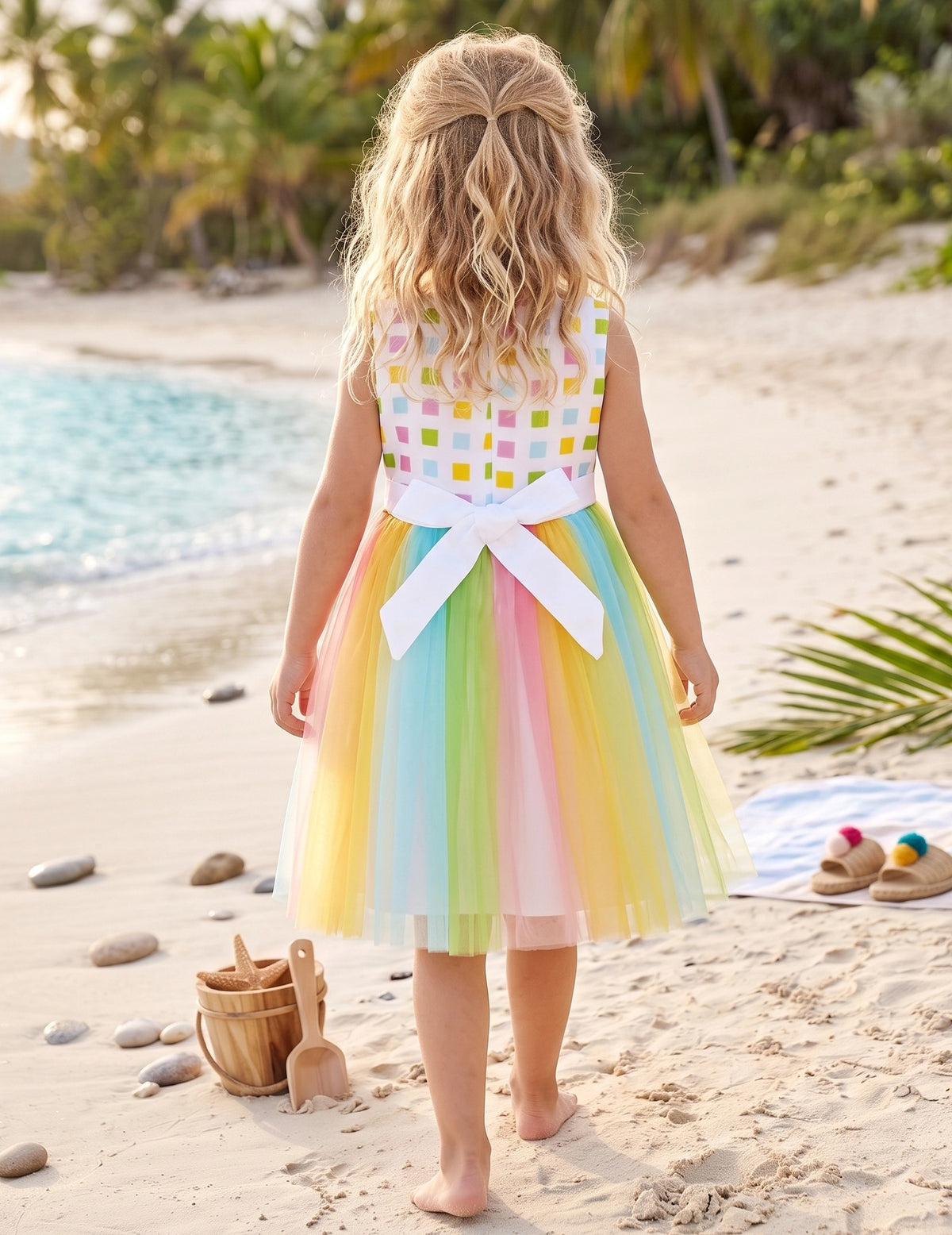 Girls Dress Cartoon Girl Pattern Tulle Overlay Party Pageant - Rainbow Tulle