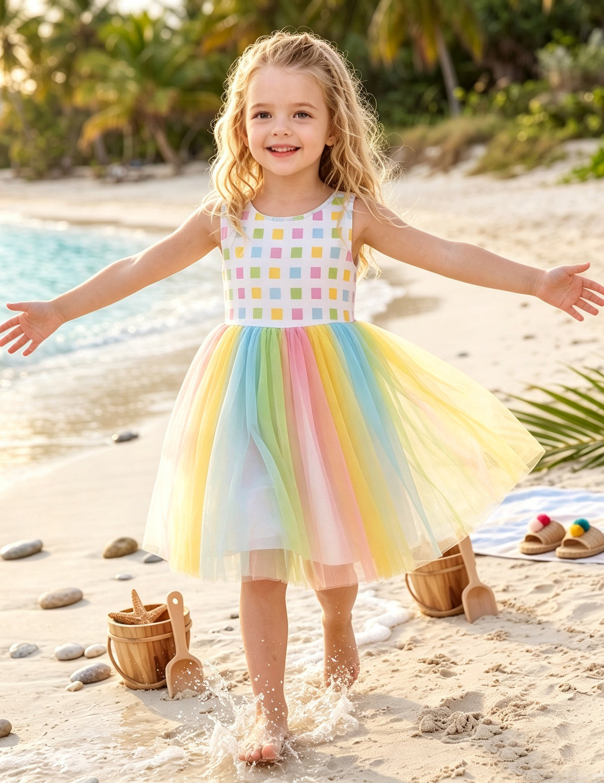 Girls Dress Cartoon Girl Pattern Tulle Overlay Party Pageant - Rainbow Tulle