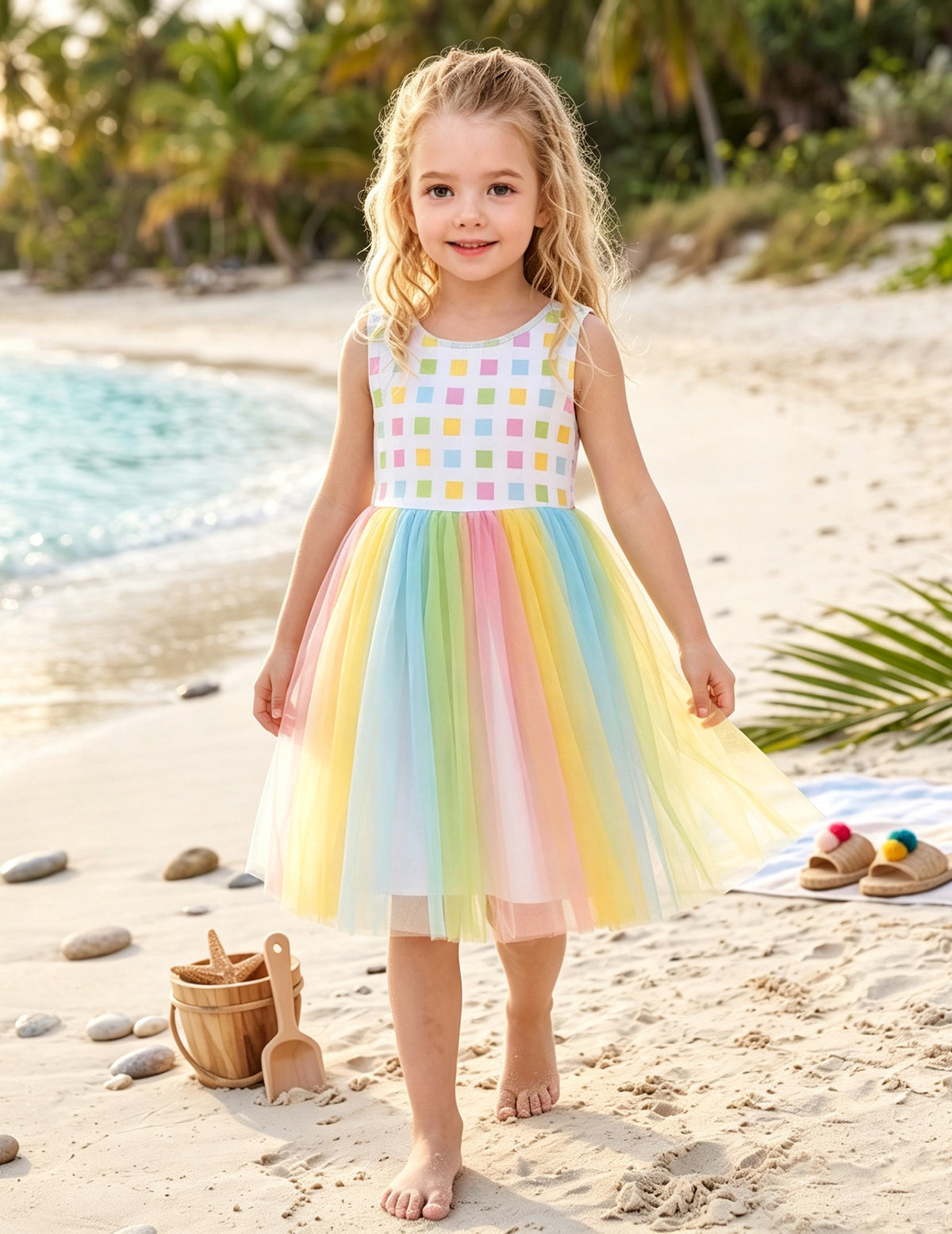 Girls Dress Cartoon Girl Pattern Tulle Overlay Party Pageant - Rainbow Tulle