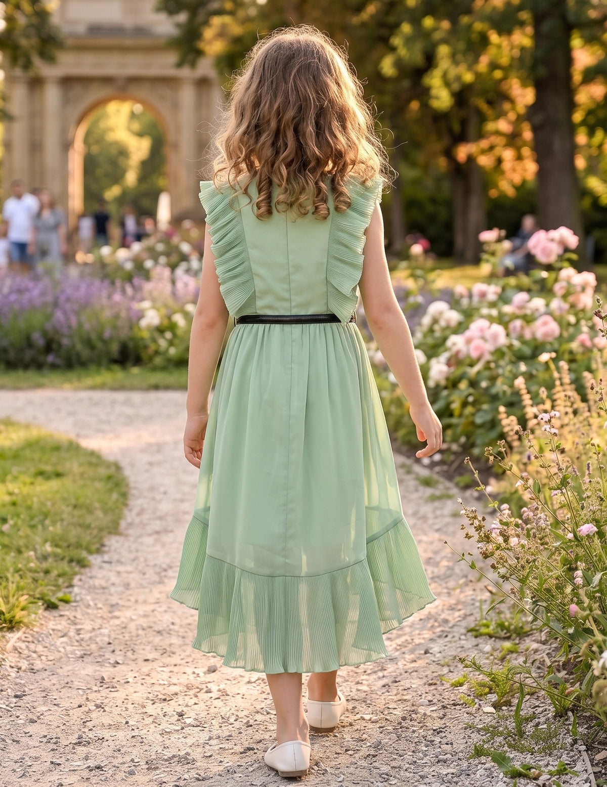 Girls Dress Coffee Ruffle Butterfly High Low Irregular Hem Sweet Birthday Party - Light Green Pleated