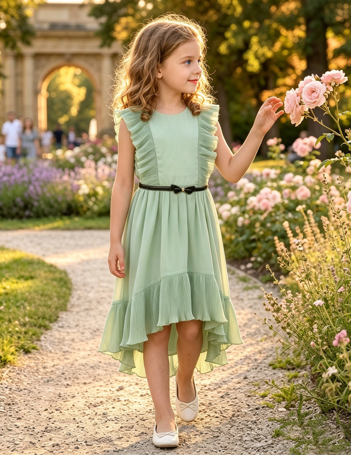 Girls Dress Coffee Ruffle Butterfly High Low Irregular Hem Sweet Birthday Party - Light Green Pleated