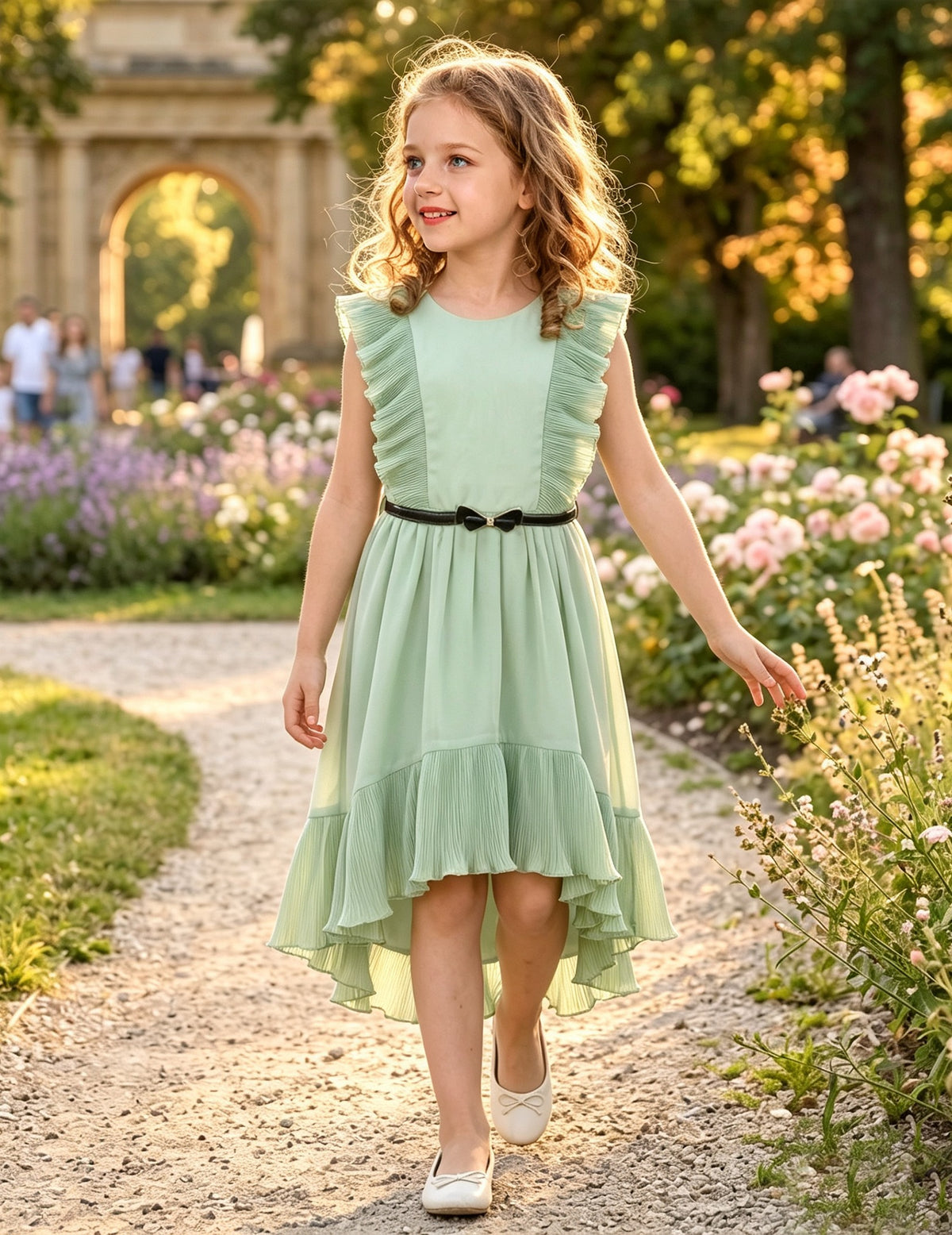 Girls Dress Coffee Ruffle Butterfly High Low Irregular Hem Sweet Birthday Party - Light Green Pleated