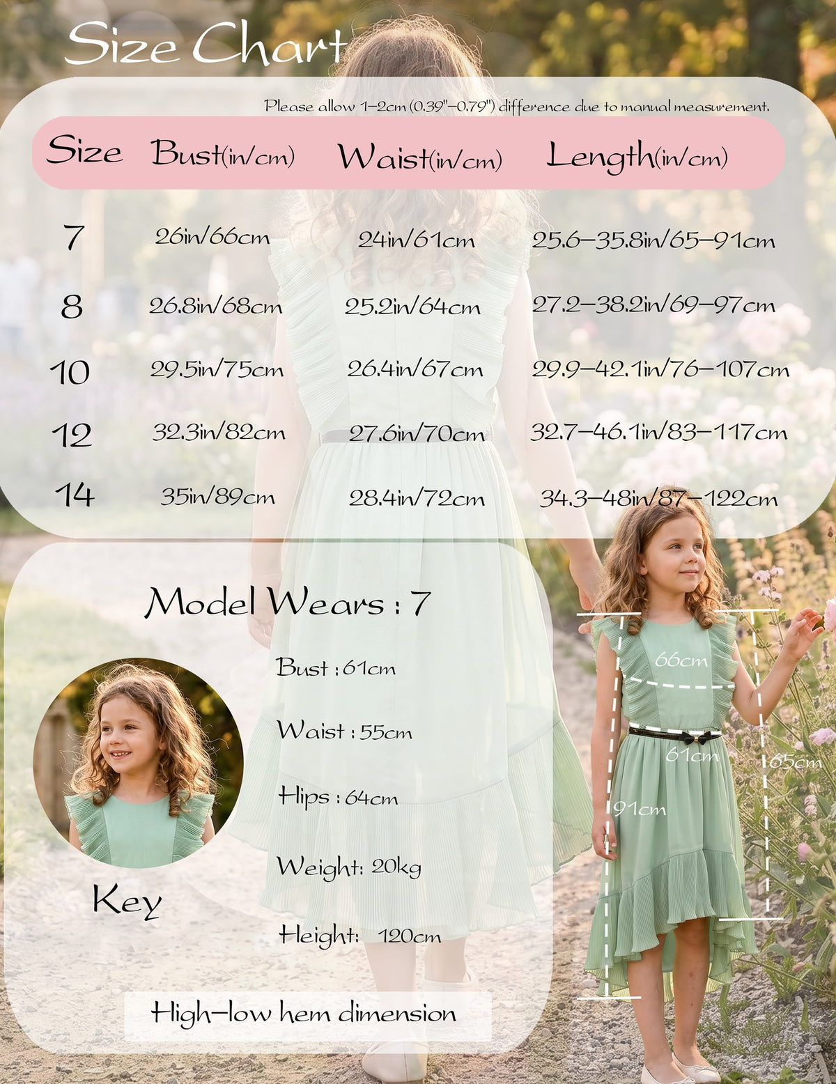 Girls Dress Coffee Ruffle Butterfly High Low Irregular Hem Sweet Birthday Party - Light Green Pleated