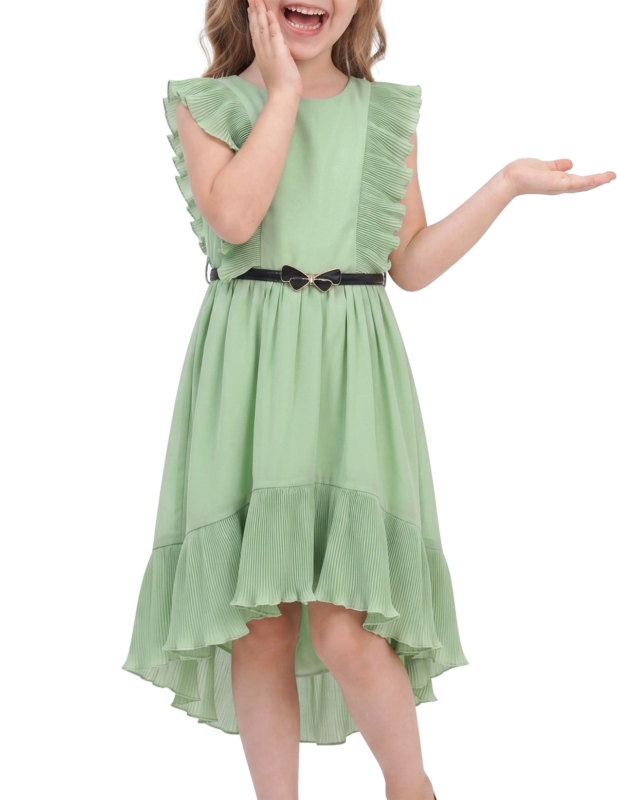Girls Dress Coffee Ruffle Butterfly High Low Irregular Hem Sweet Birthday Party - Light Green Pleated