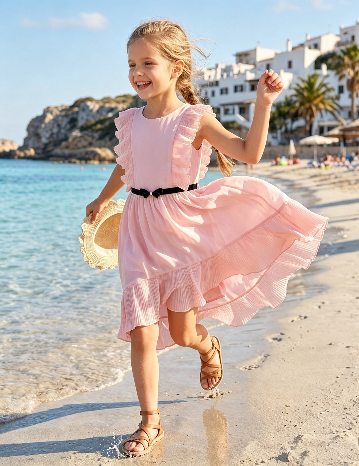 Girls Dress Coffee Ruffle Butterfly High Low Irregular Hem Sweet Birthday Party - Pink Pleated