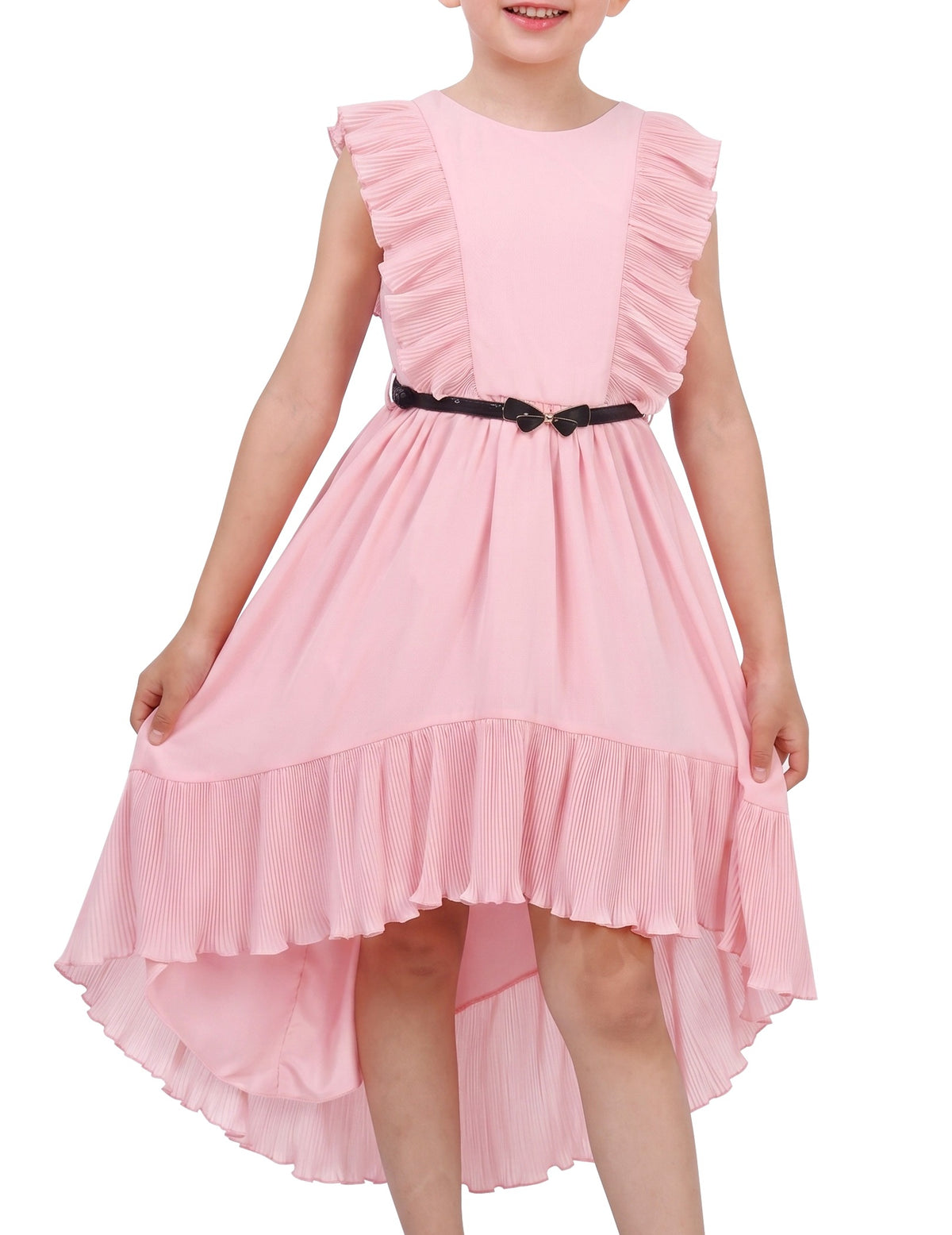 Girls Dress Coffee Ruffle Butterfly High Low Irregular Hem Sweet Birthday Party - Pink Pleated
