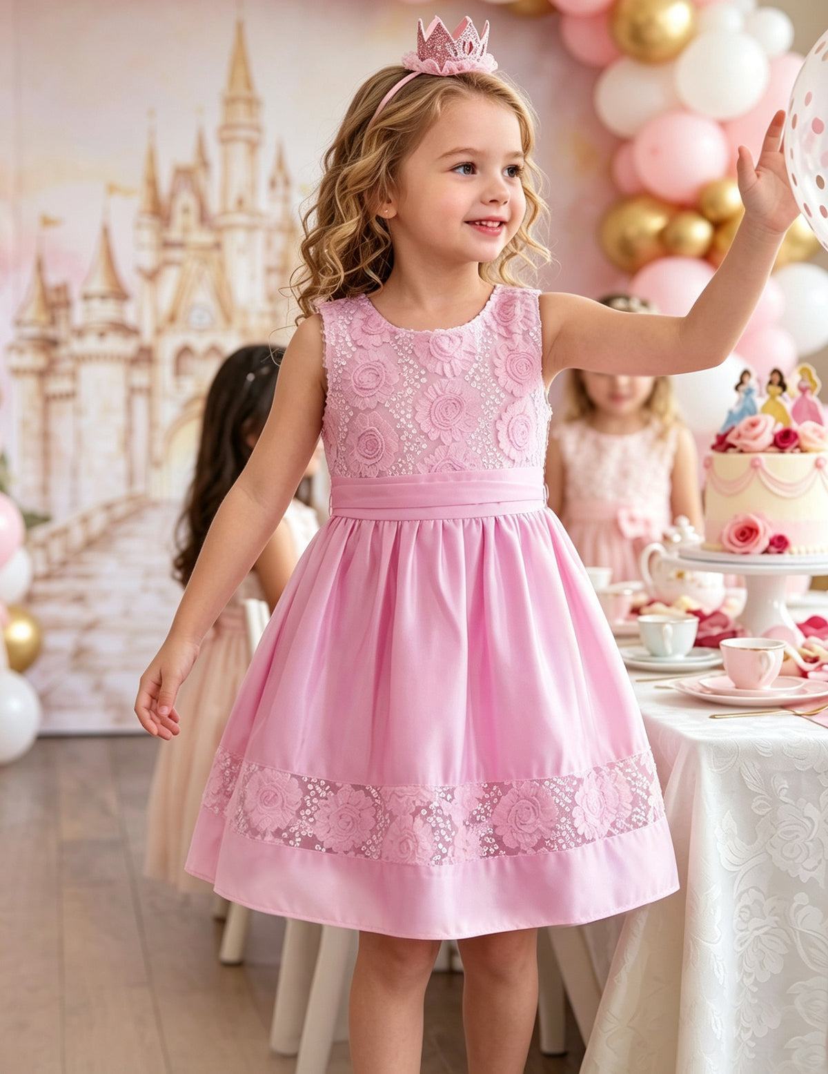 Girls Dress Cartoon Girl Pattern Tulle Overlay Party Pageant - Pink Floral