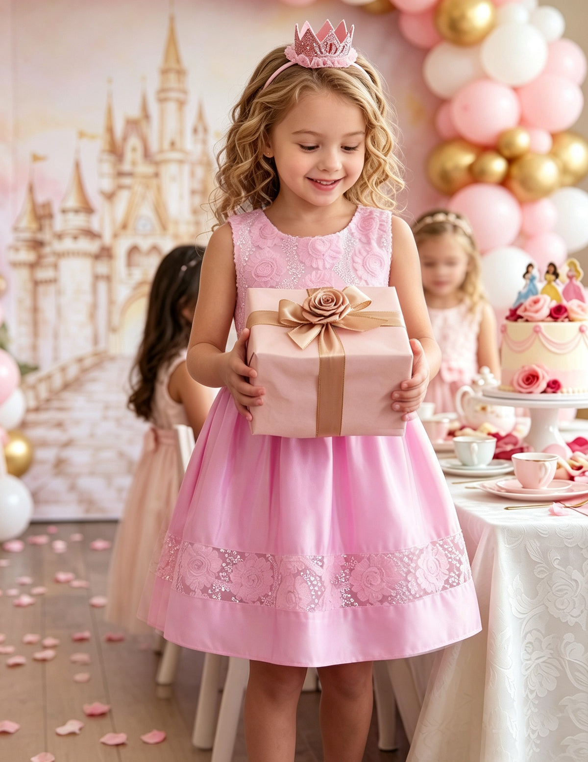Girls Dress Cartoon Girl Pattern Tulle Overlay Party Pageant - Pink Floral