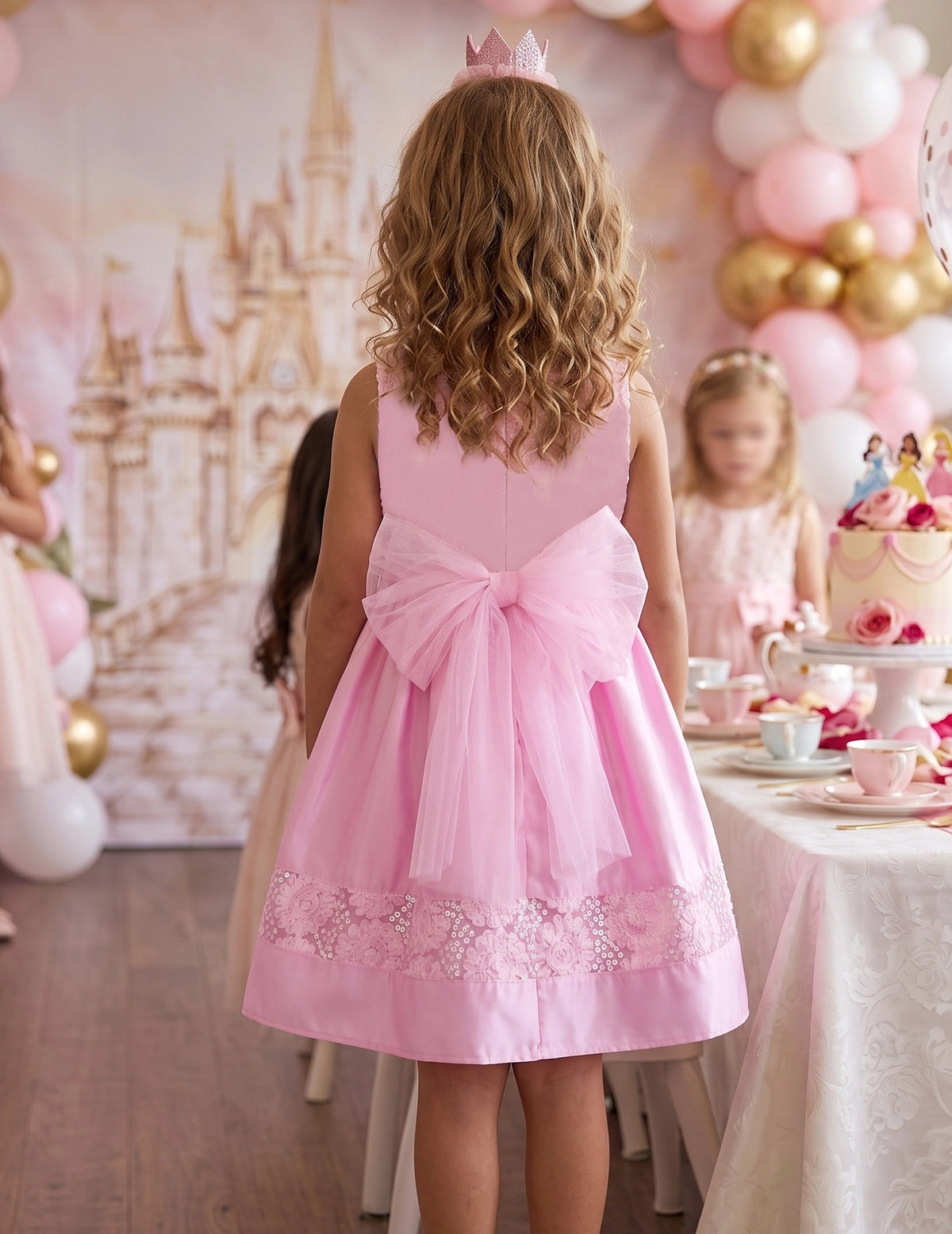 Girls Dress Cartoon Girl Pattern Tulle Overlay Party Pageant - Pink Floral