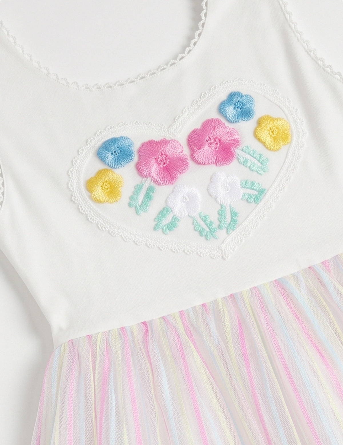 Girls Dress Cartoon Girl Pattern Tulle Overlay Party Pageant - Pink Rainbow Stripe