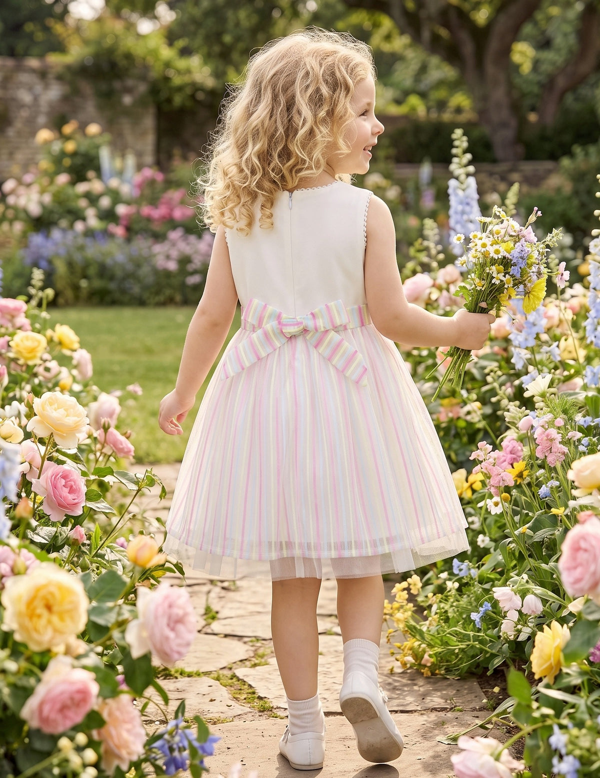 Girls Dress Cartoon Girl Pattern Tulle Overlay Party Pageant - Pink Rainbow Stripe