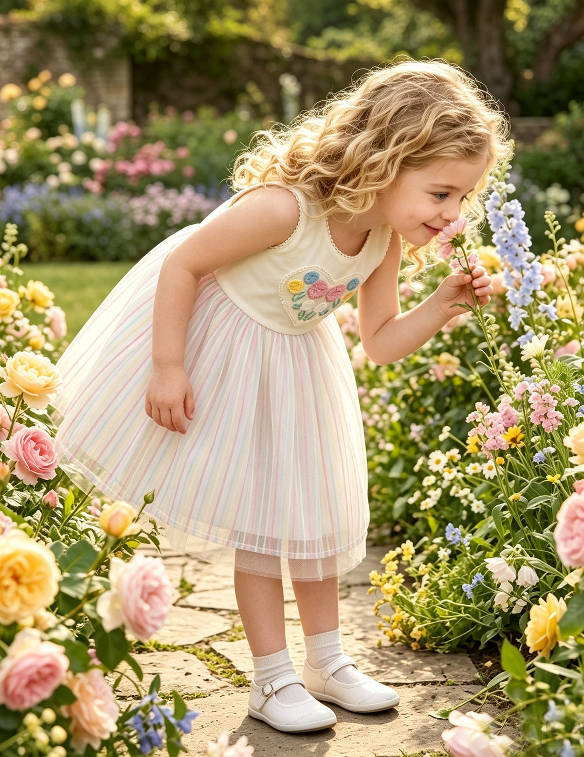 Girls Dress Cartoon Girl Pattern Tulle Overlay Party Pageant - Pink Rainbow Stripe