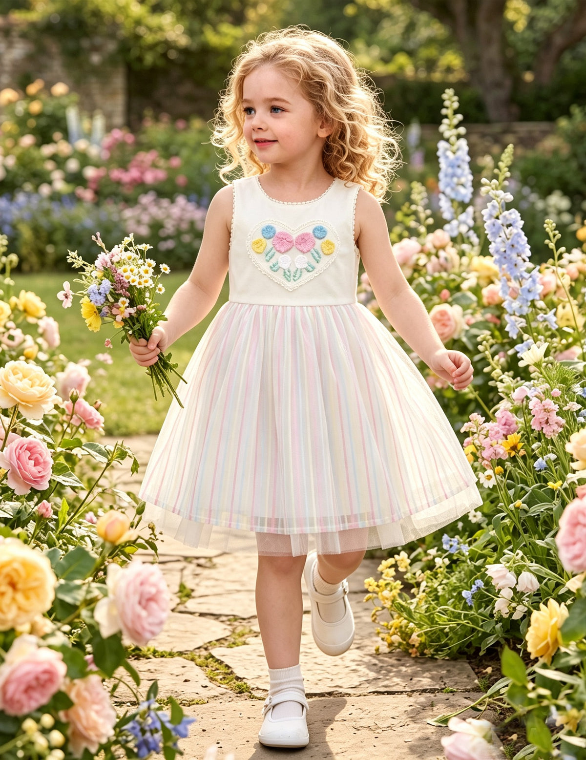 Girls Dress Cartoon Girl Pattern Tulle Overlay Party Pageant - Pink Rainbow Stripe