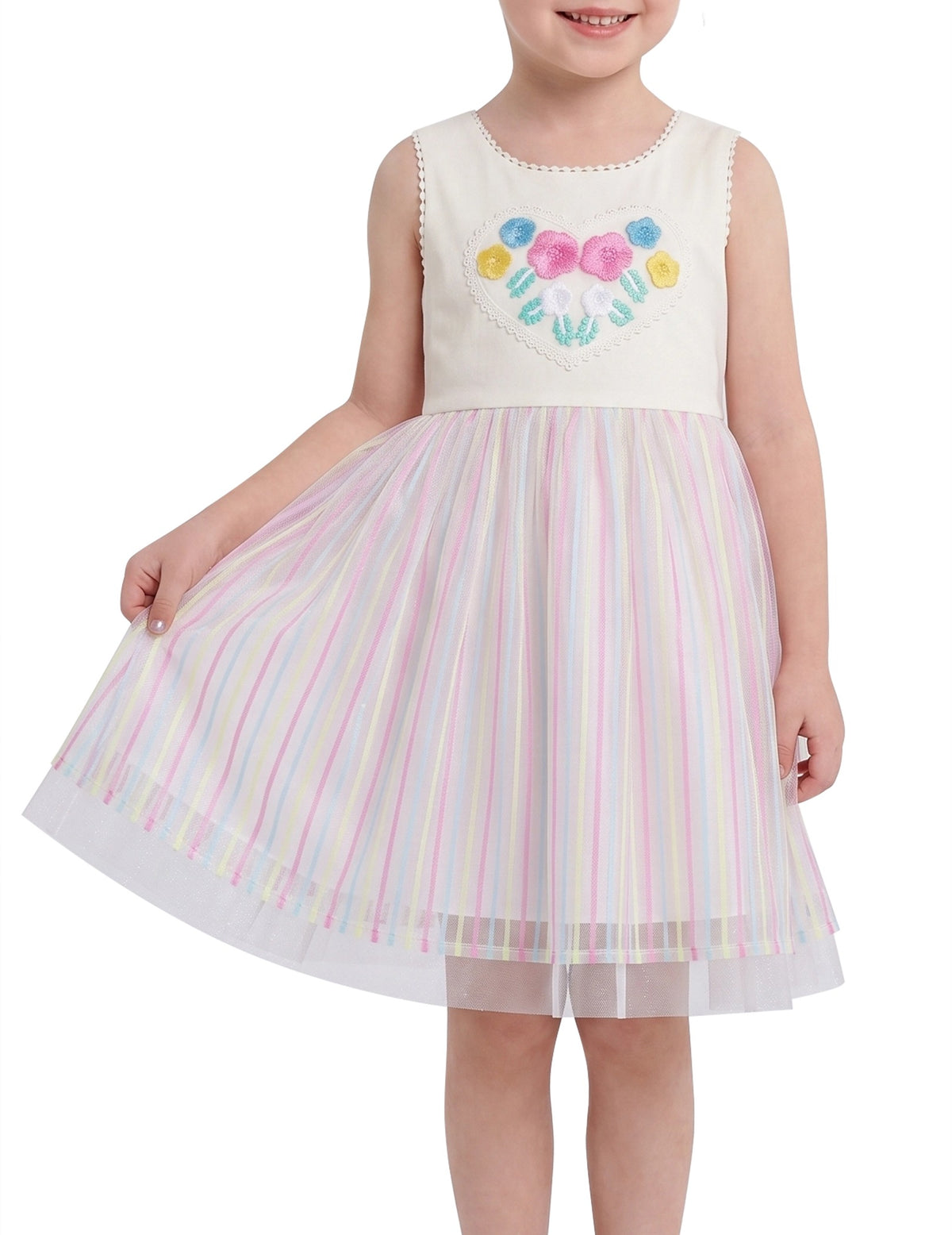 Girls Dress Cartoon Girl Pattern Tulle Overlay Party Pageant - Pink Rainbow Stripe