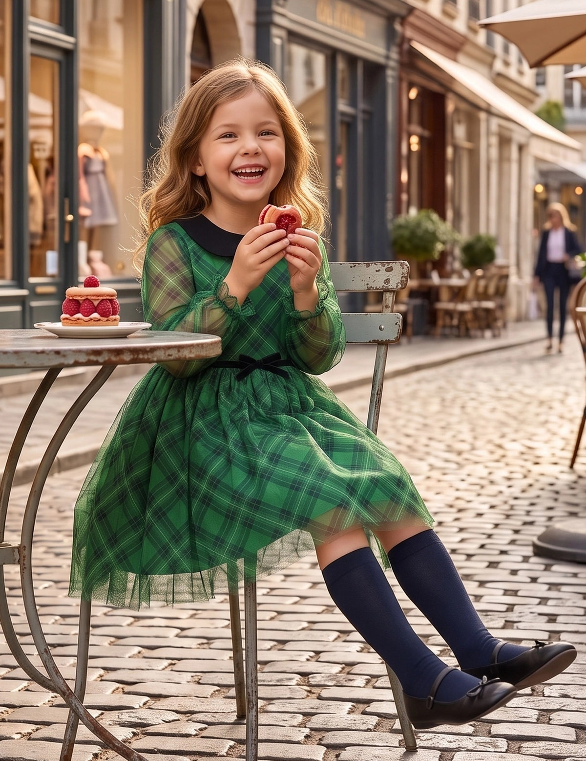 Girls Dress Plaid Tartan Collar Bow Belt Casual Festive Christmas Party Winter - Green Plaid Tulle