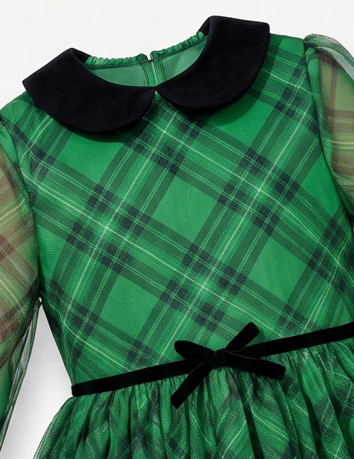 Girls Dress Plaid Tartan Collar Bow Belt Casual Festive Christmas Party Winter - Green Plaid Tulle
