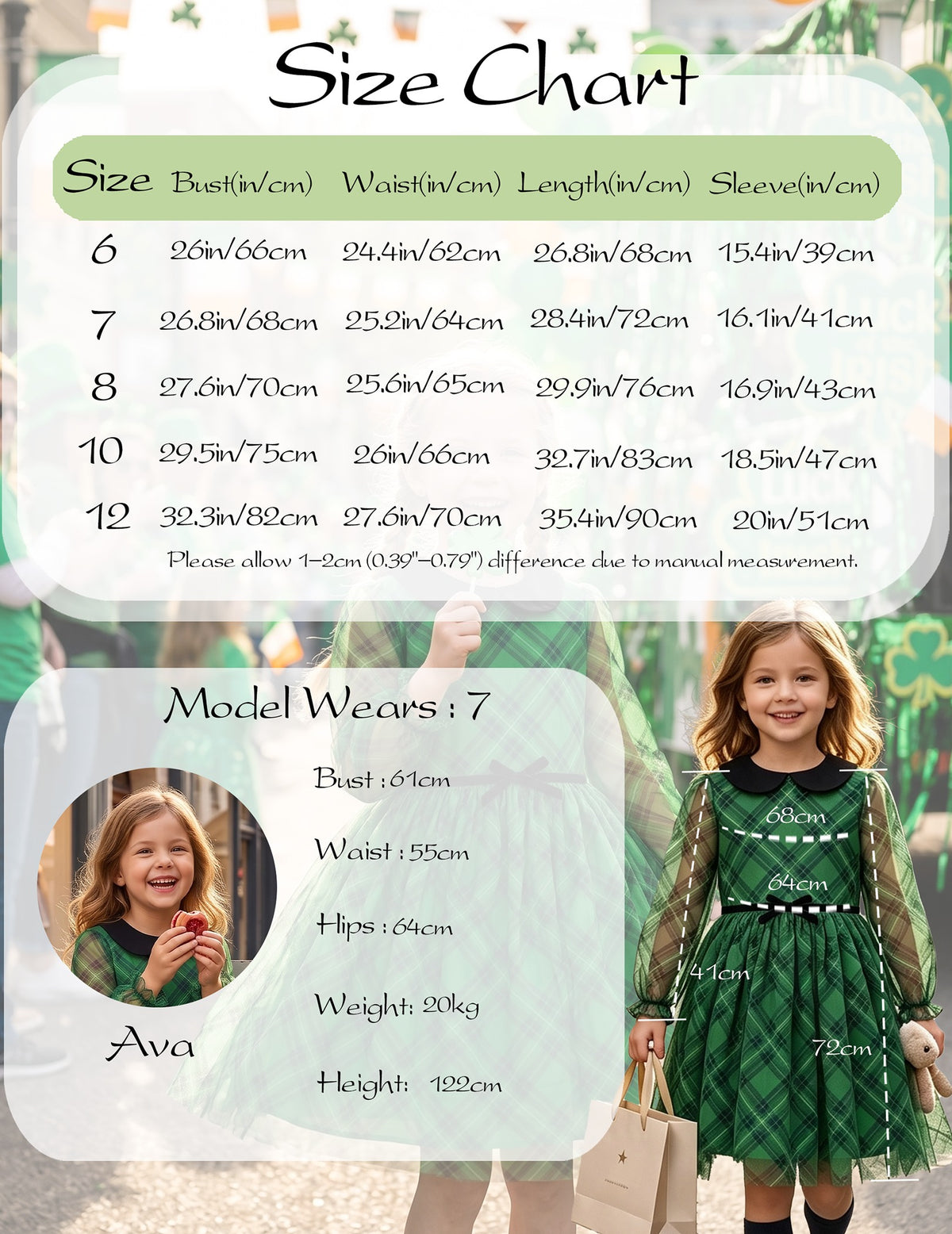 Girls Dress Plaid Tartan Collar Bow Belt Casual Festive Christmas Party Winter - Green Plaid Tulle
