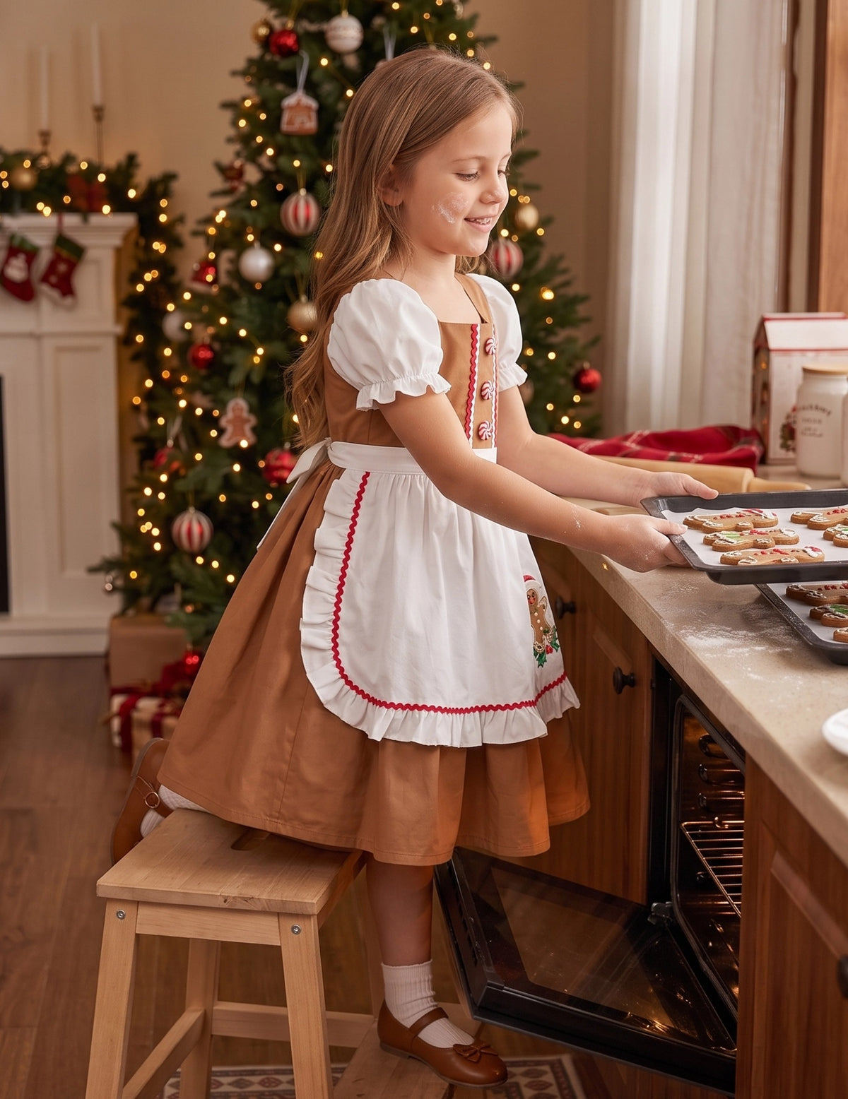 Girls German Dirndl Dress Costumes for Bavarian Oktoberfest Long Sleeve - Brown Gingerbread
