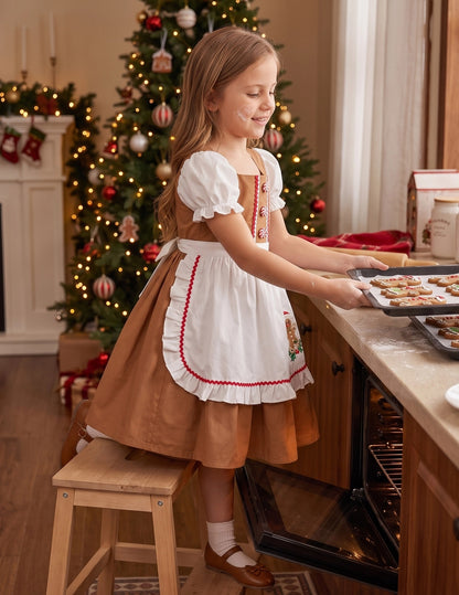 Girls German Dirndl Dress Costumes for Bavarian Oktoberfest Long Sleeve - Brown Gingerbread