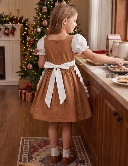 Girls German Dirndl Dress Costumes for Bavarian Oktoberfest Long Sleeve - Brown Gingerbread