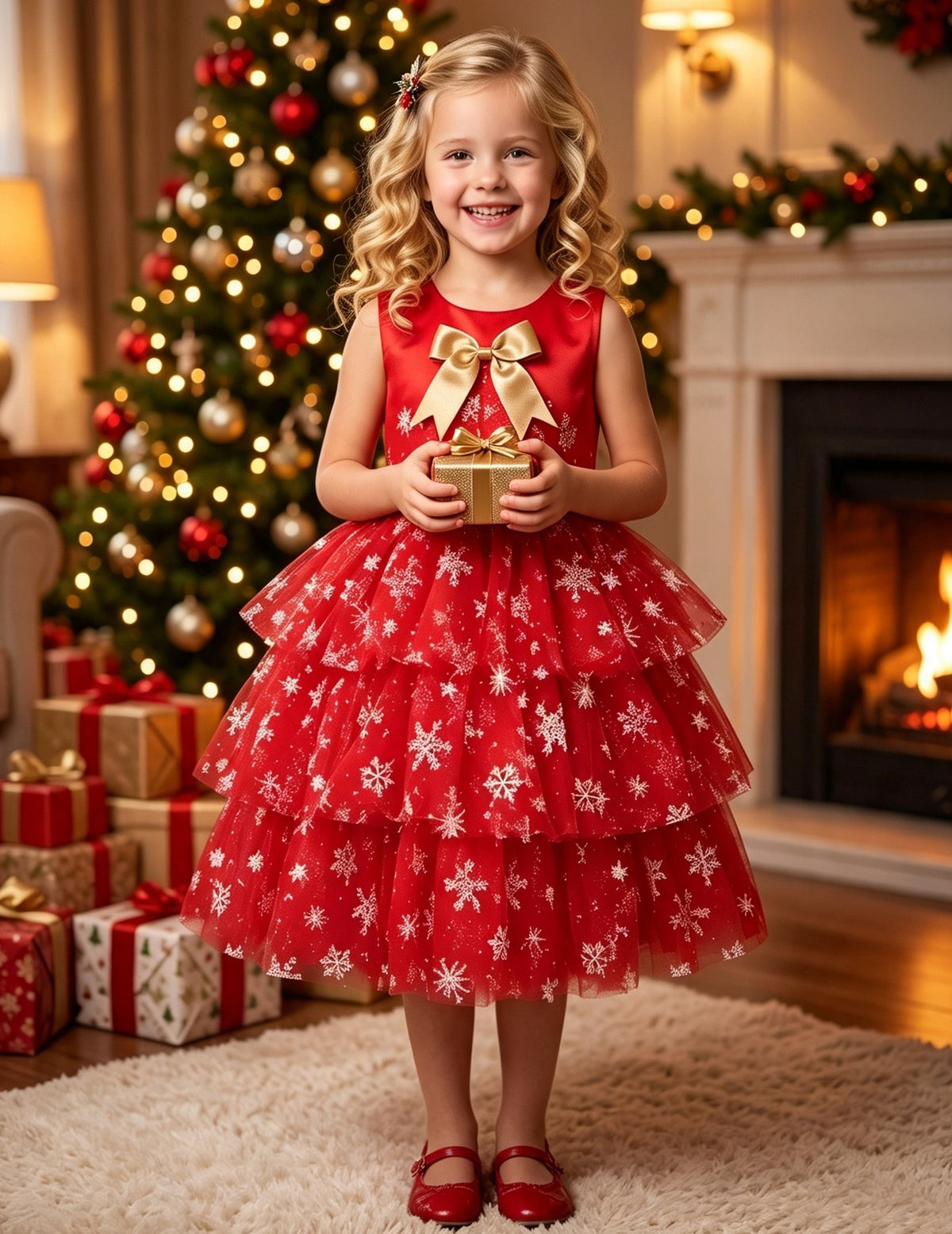 Girls Dress Colorful Glitter Sequin Ruffle Dress Princess Pageant - Red Snowflake