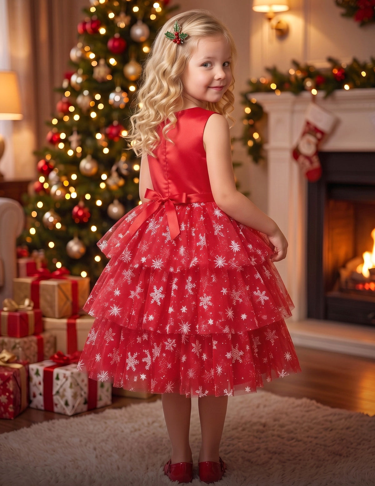 Girls Dress Colorful Glitter Sequin Ruffle Dress Princess Pageant - Red Snowflake