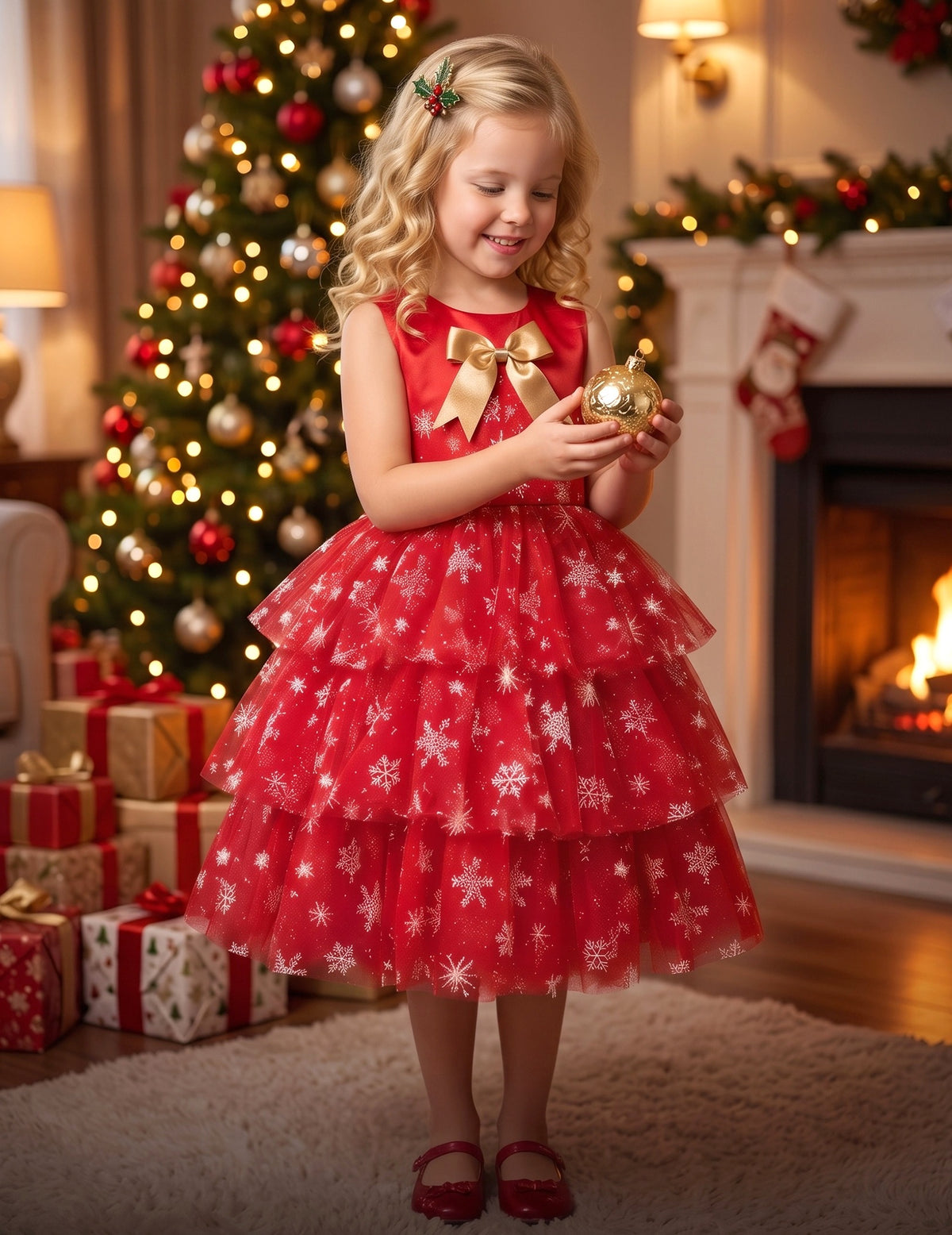 Girls Dress Colorful Glitter Sequin Ruffle Dress Princess Pageant - Red Snowflake