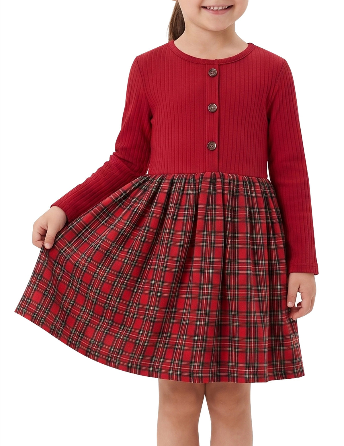 Girls Dress Tan Cream Plaid Long Sleeve Ribbed Knit Preppy School Daily Casual Comfortable - Red Plaid