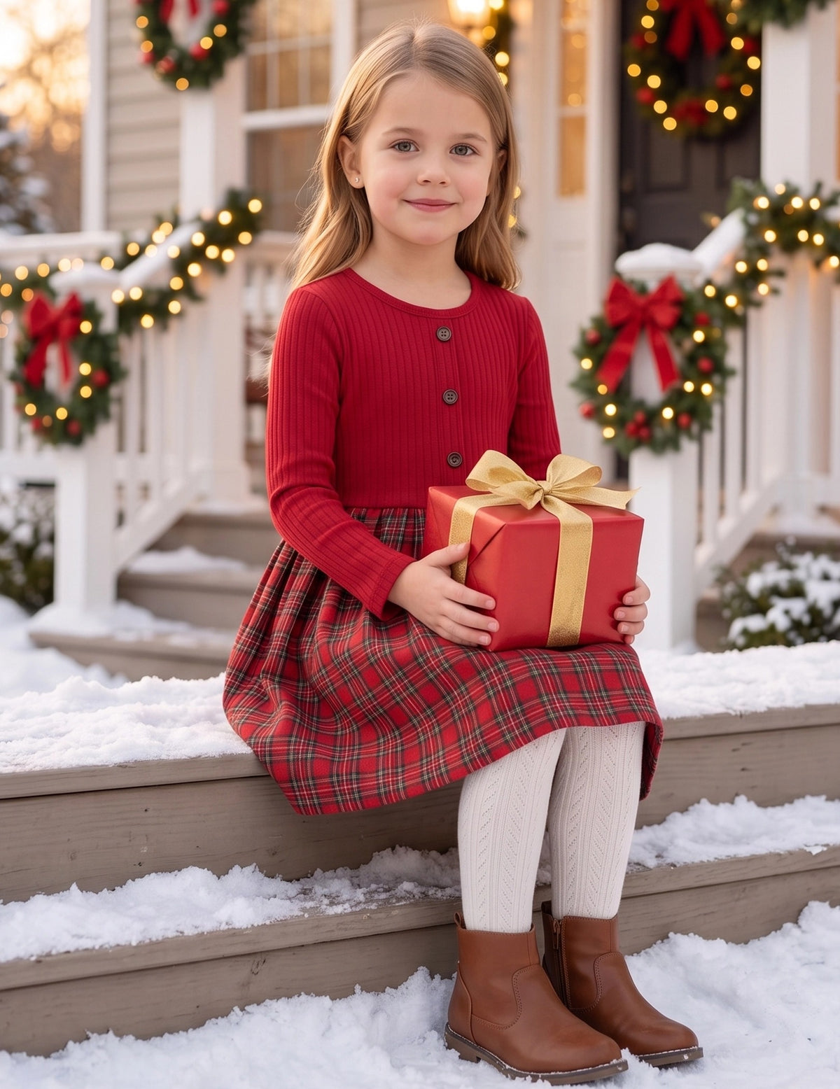 Girls Dress Tan Cream Plaid Long Sleeve Ribbed Knit Preppy School Daily Casual Comfortable - Red Plaid