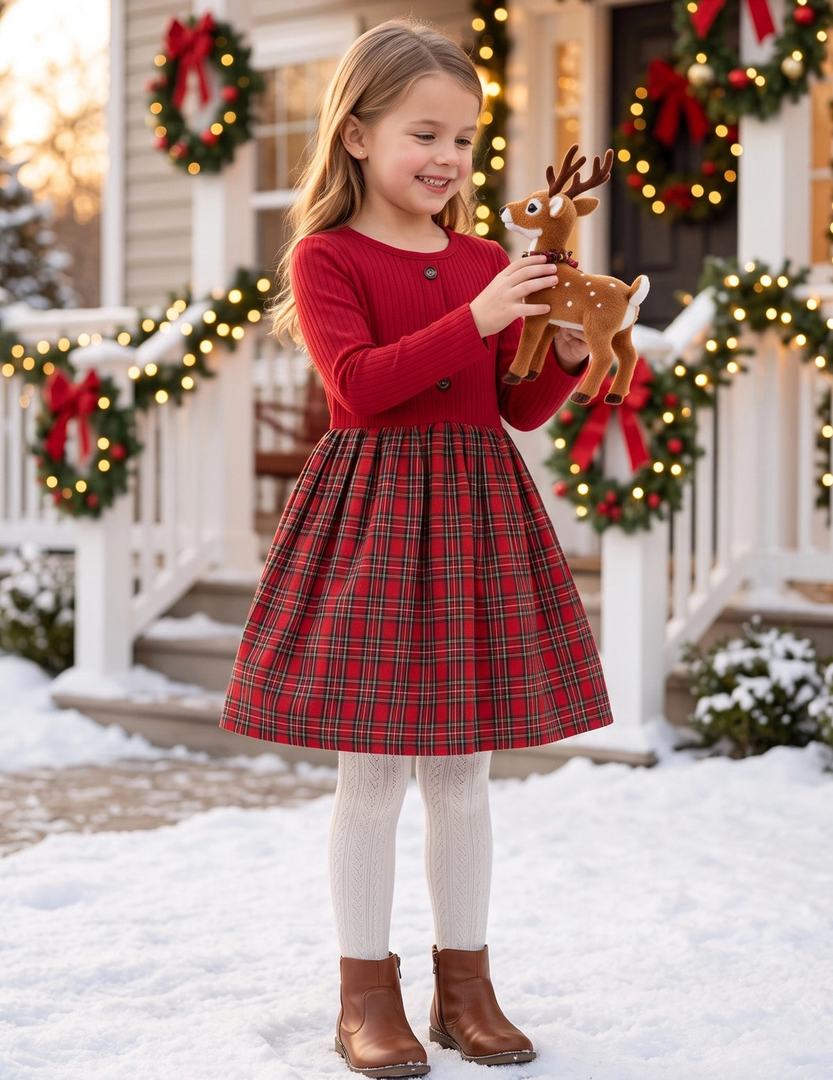 Girls Dress Tan Cream Plaid Long Sleeve Ribbed Knit Preppy School Daily Casual Comfortable - Red Plaid